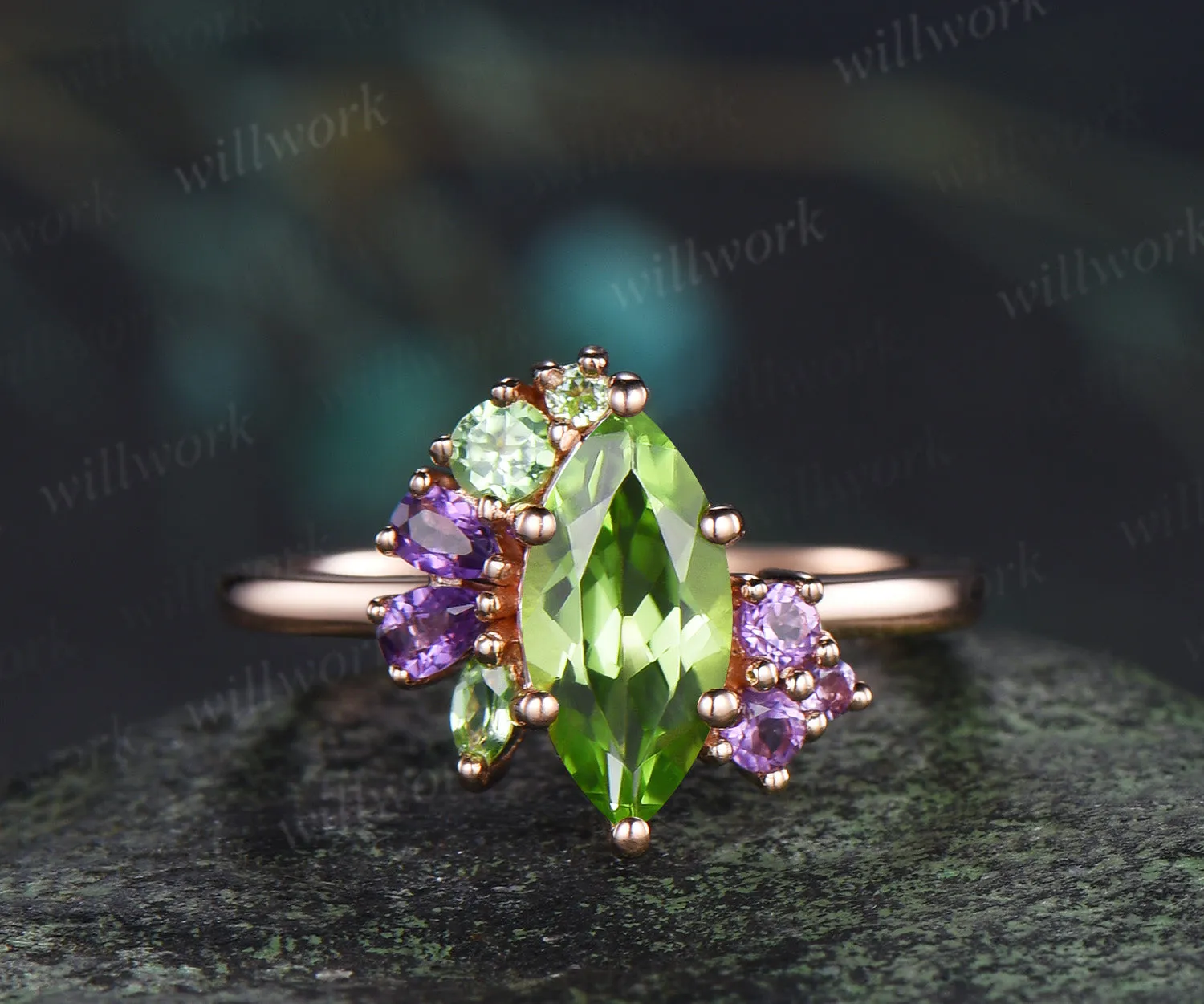 Unique marquise cut peridot engagement ring cluster peridot amethyst bridal wedding ring jewelry gifts sold by Willwork Jewelry