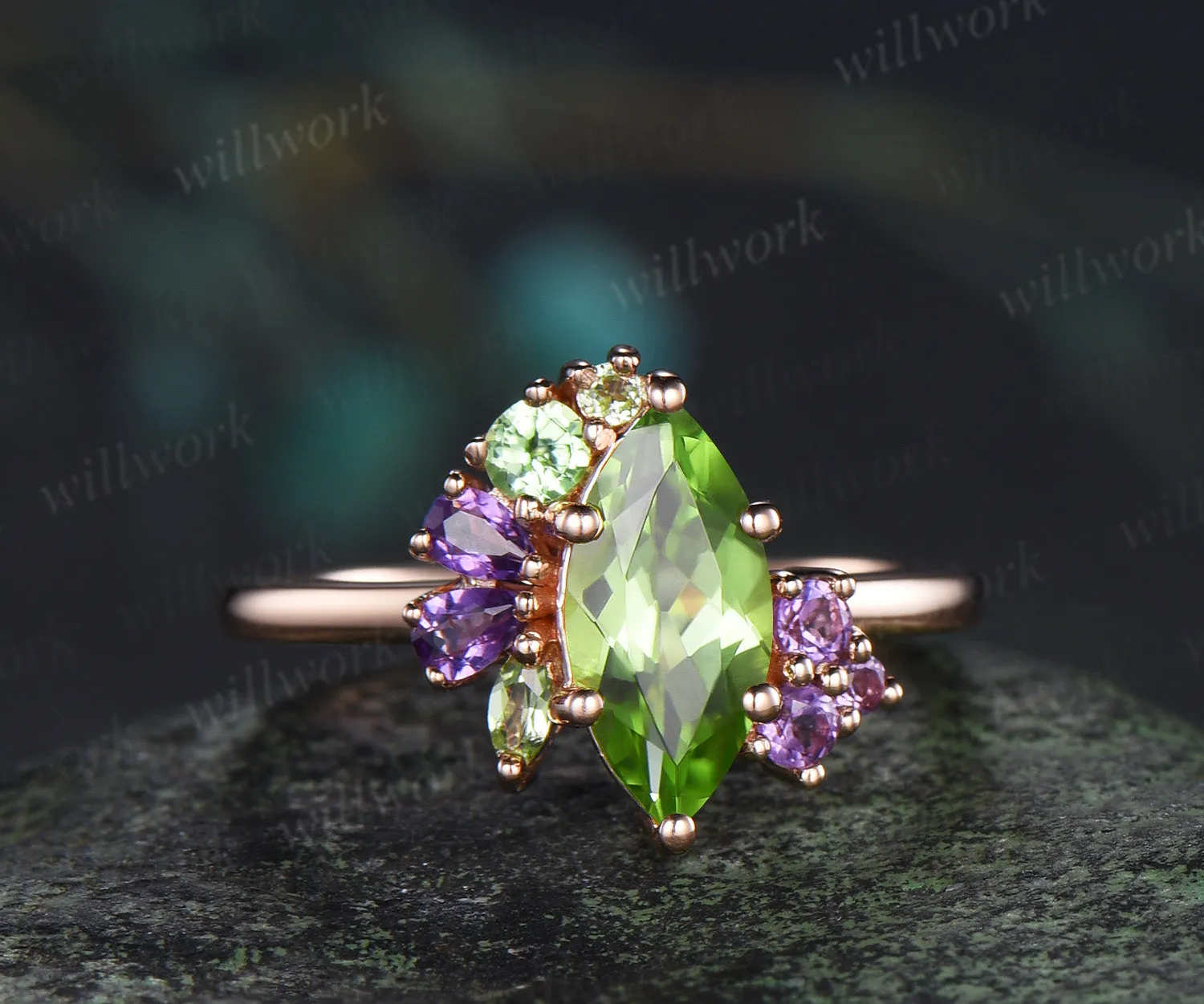 Unique marquise cut peridot engagement ring cluster peridot amethyst bridal wedding ring jewelry gifts sold by Willwork Jewelry product image thumbnail 3