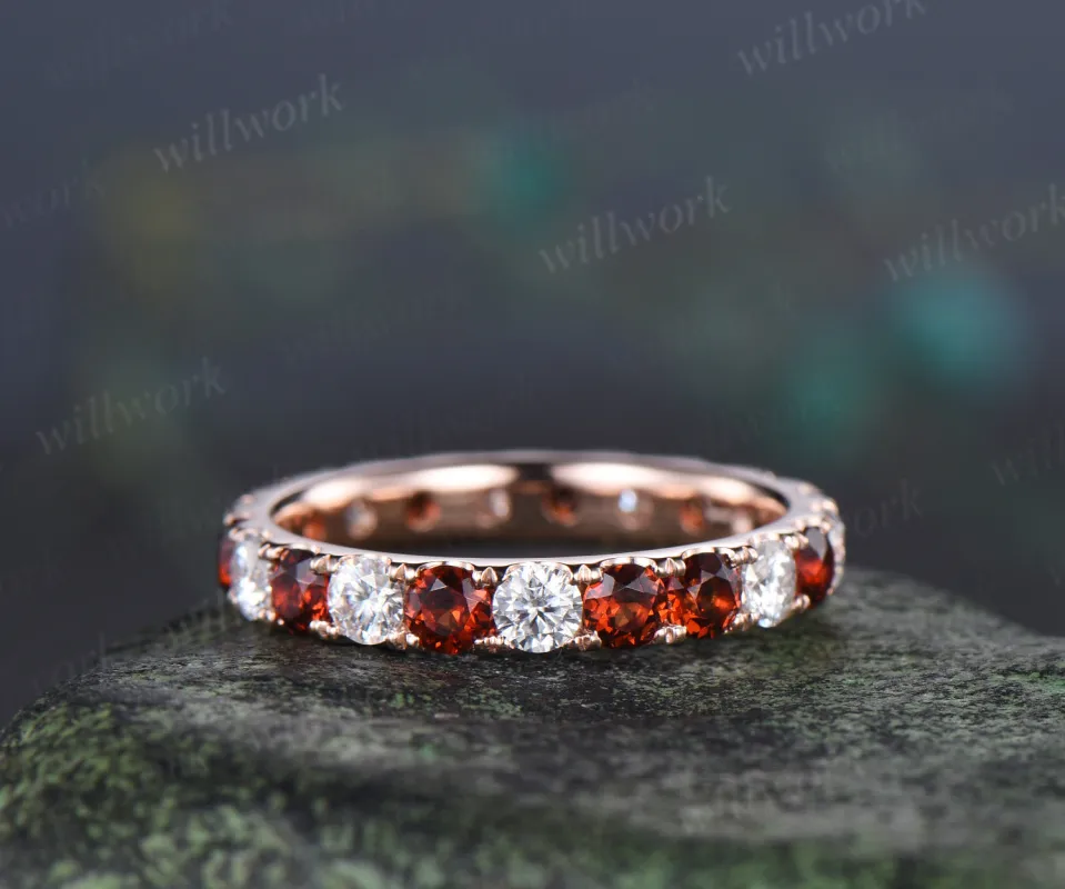 Round natural garent moissanite wedding band full eternity paving stacking ring January birsthone gifts made by Willwork Jewelry