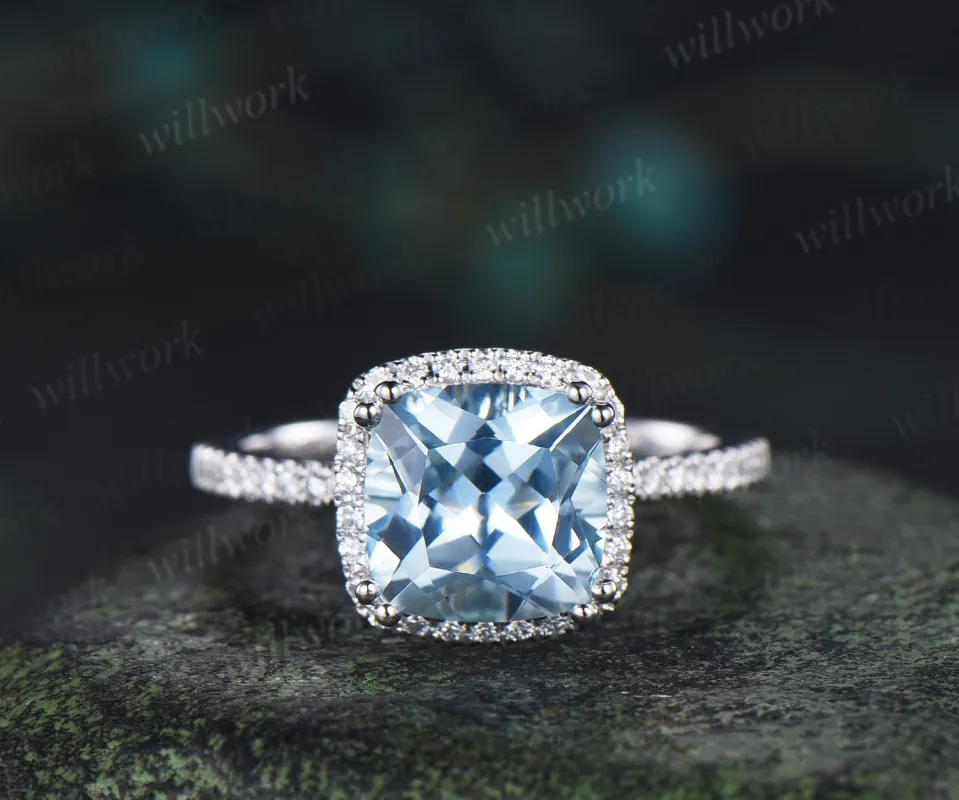 8mm cushion aquamarine diamond halo engagement ring retro half infinity diamond wedding ring March birthstone made by Willwork Jewelry