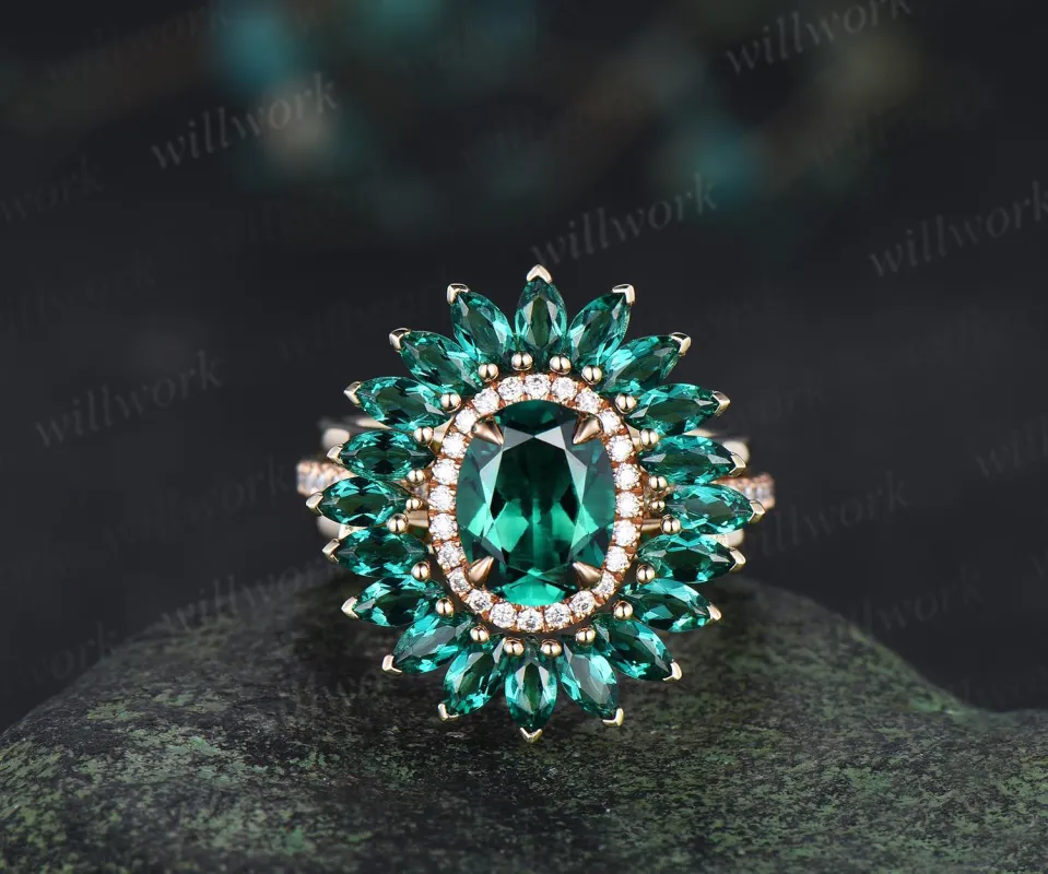 Oval marquise cut green emerald engagement ring  set v prong double halo moissanite wedding promise ring women made by Willwork Jewelry
