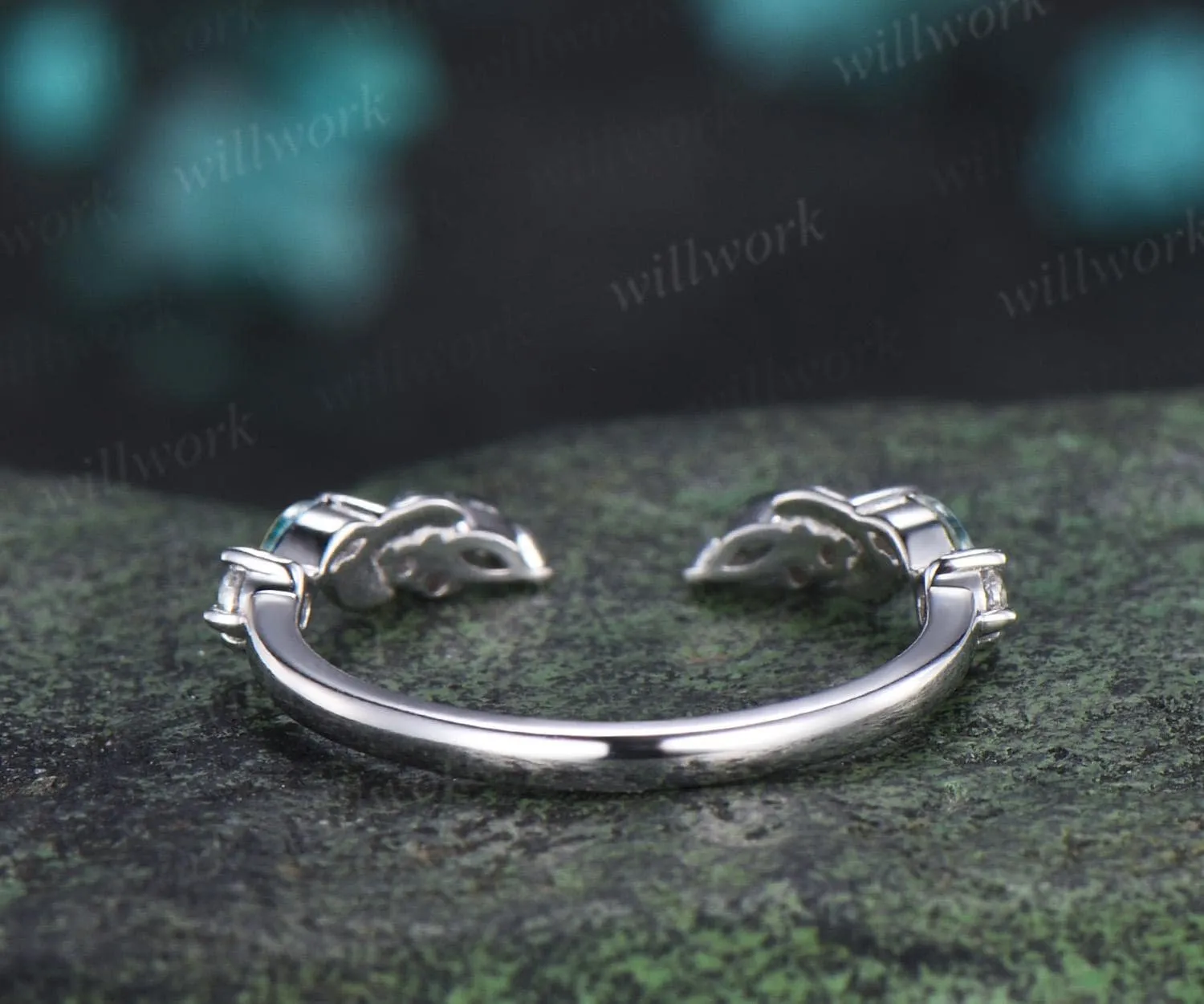 Curved open gap moss agate opal leaf wedding band stacking bridal ring for women anniversary gift sold by Willwork Jewelry product image thumbnail 5