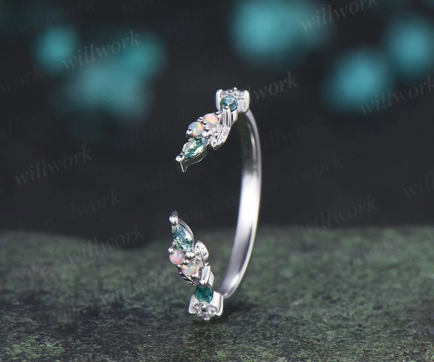 Curved open gap moss agate opal leaf wedding band stacking bridal ring for women anniversary gift sold by Willwork Jewelry product image thumbnail 2
