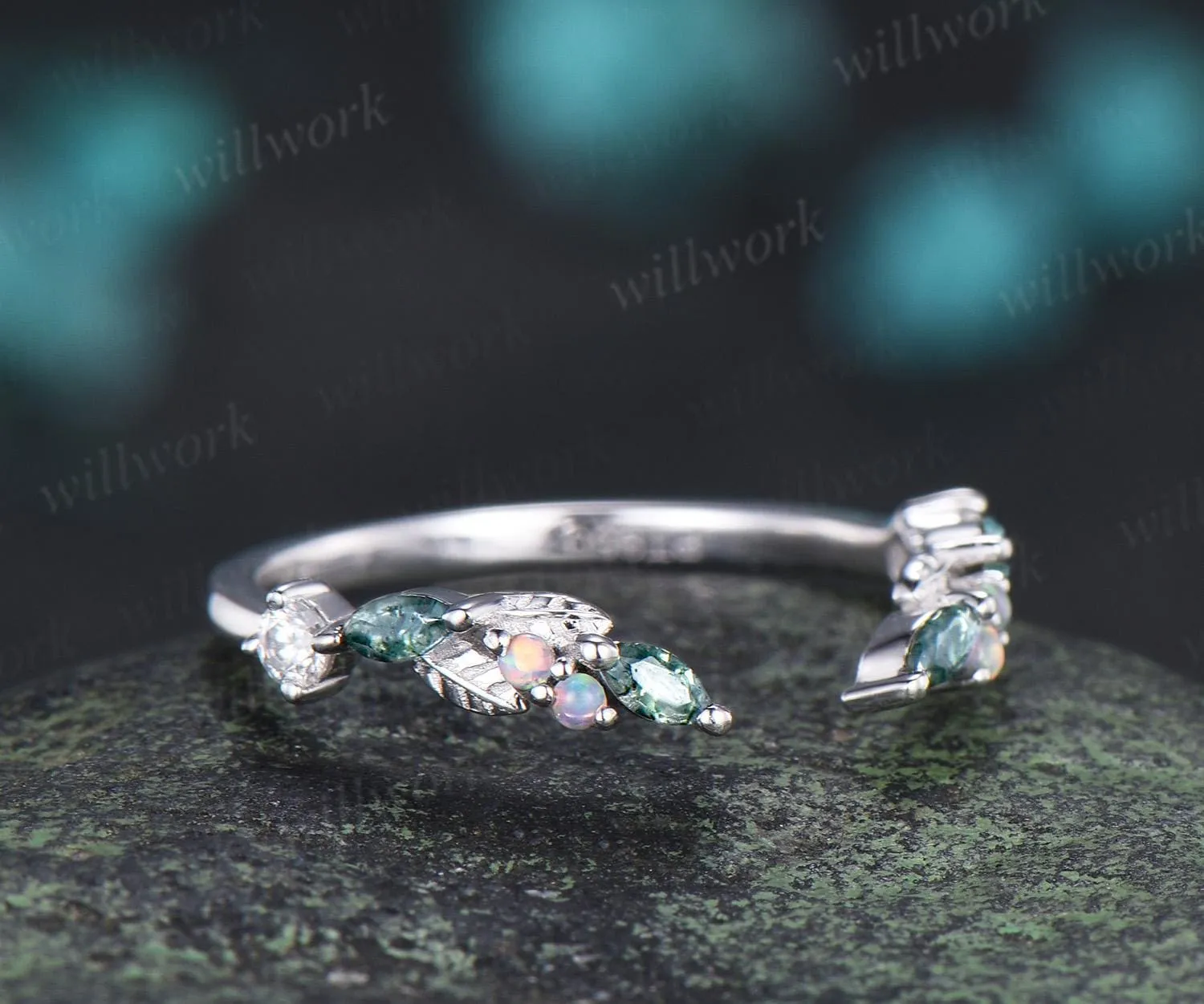 Curved open gap moss agate opal leaf wedding band stacking bridal ring for women anniversary gift sold by Willwork Jewelry product image thumbnail 3