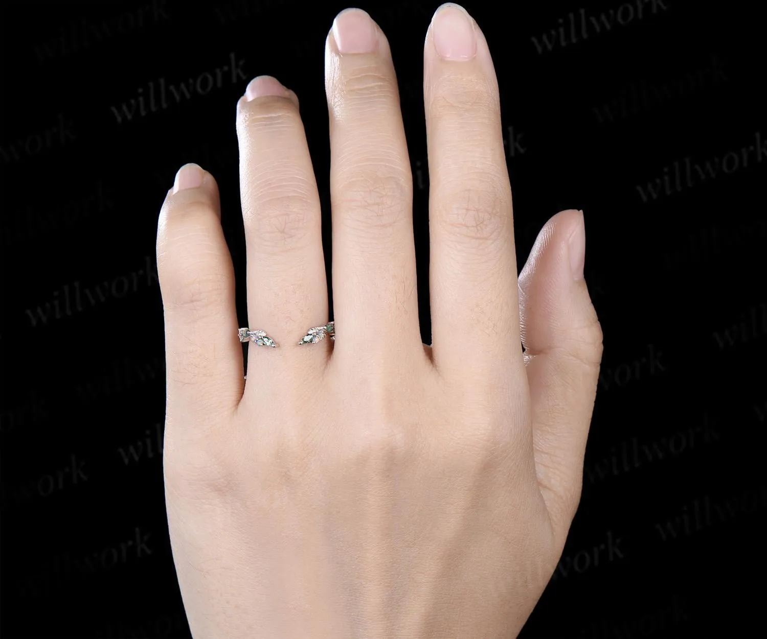Curved open gap moss agate opal leaf wedding band stacking bridal ring for women anniversary gift sold by Willwork Jewelry product image thumbnail 4