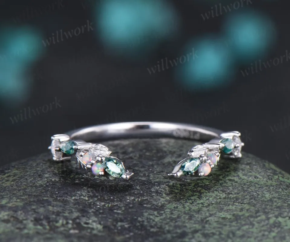 Curved open gap moss agate opal leaf wedding band stacking bridal ring for women anniversary gift sold by Willwork Jewelry