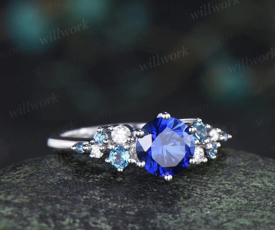 Round cut sapphire London blue topaz engagement ring 6 prong snowdrift dainty diamond wedding anniversary ring gift made by Willwork Jewelry