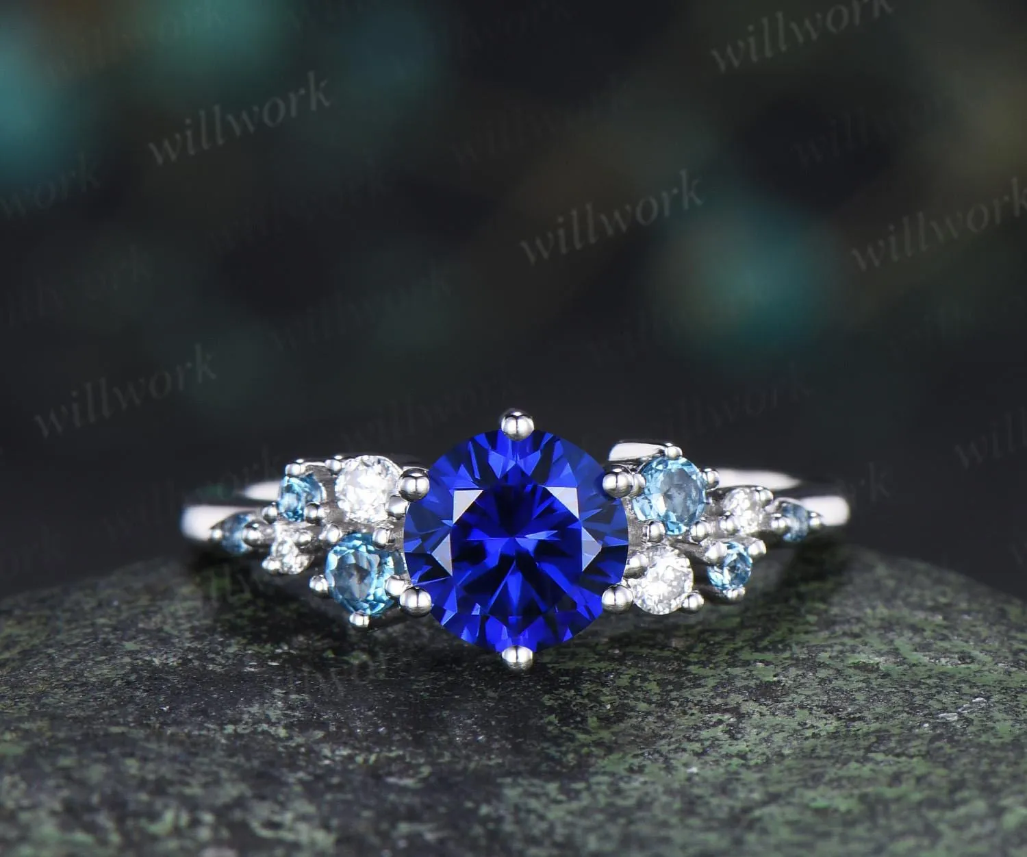 Round cut sapphire London blue topaz engagement ring 6 prong snowdrift dainty diamond wedding anniversary ring gift sold by Willwork Jewelry product image thumbnail 3