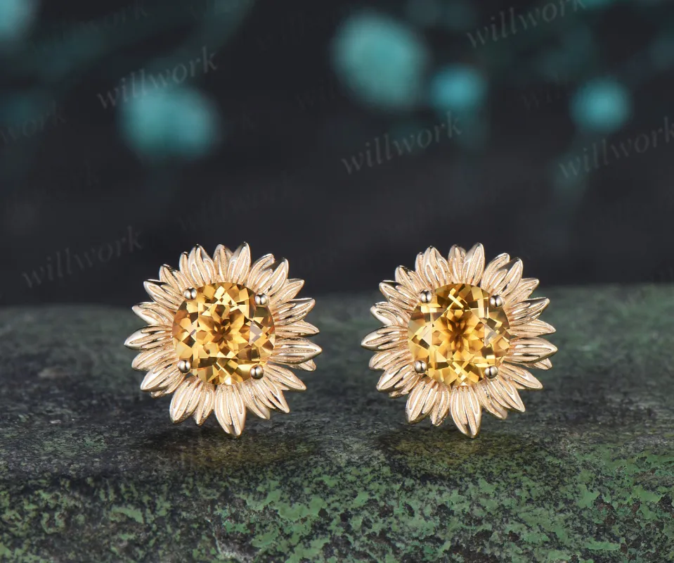 Round Cut Yellow Citrine Sunflower Stud Earrings Nature Inspired Citrine Flower Earrings November Birthstone Gift made by Willwork Jewelry