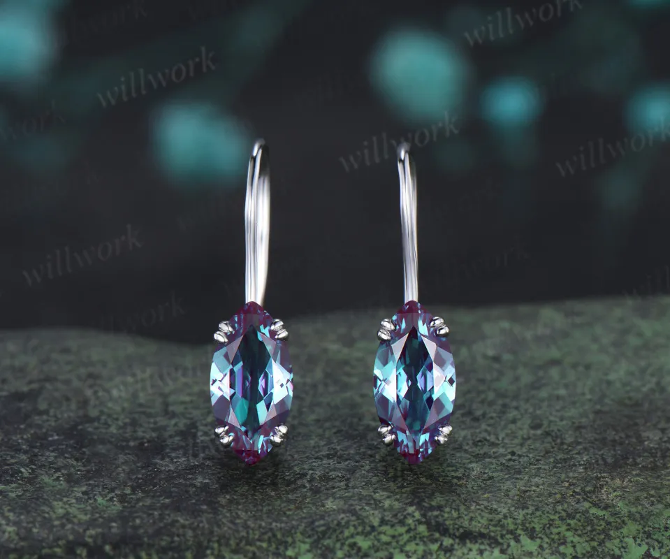 Marquise cut alexnadrite drop earrings minimalist 8 prongs solitaire color change gemstone hook earrings gifts for women made by Willwork Jewelry