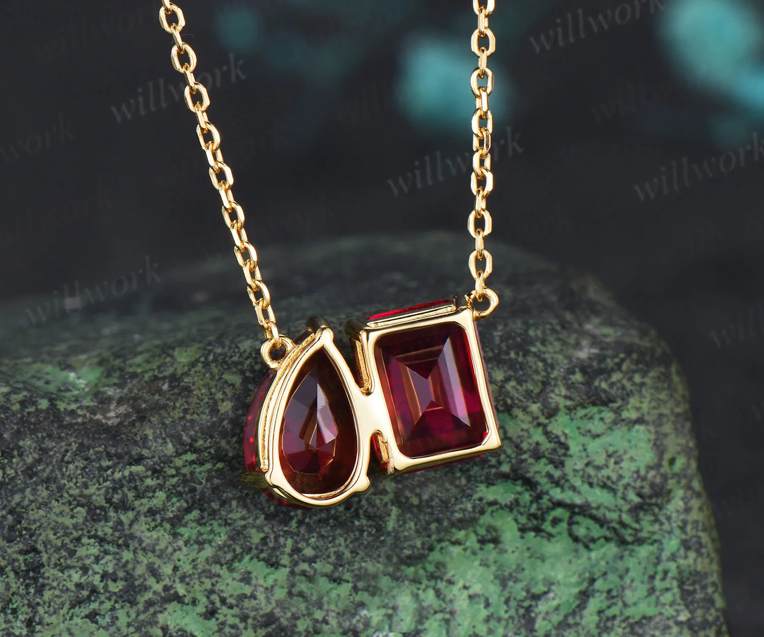 Toi Et Moi Emerald & Pear Cut Ruby Pendant Necklace Classis Two Stones Necklace July Birthstone Jewelry for BFF Couple sold by Willwork Jewelry product image thumbnail 4