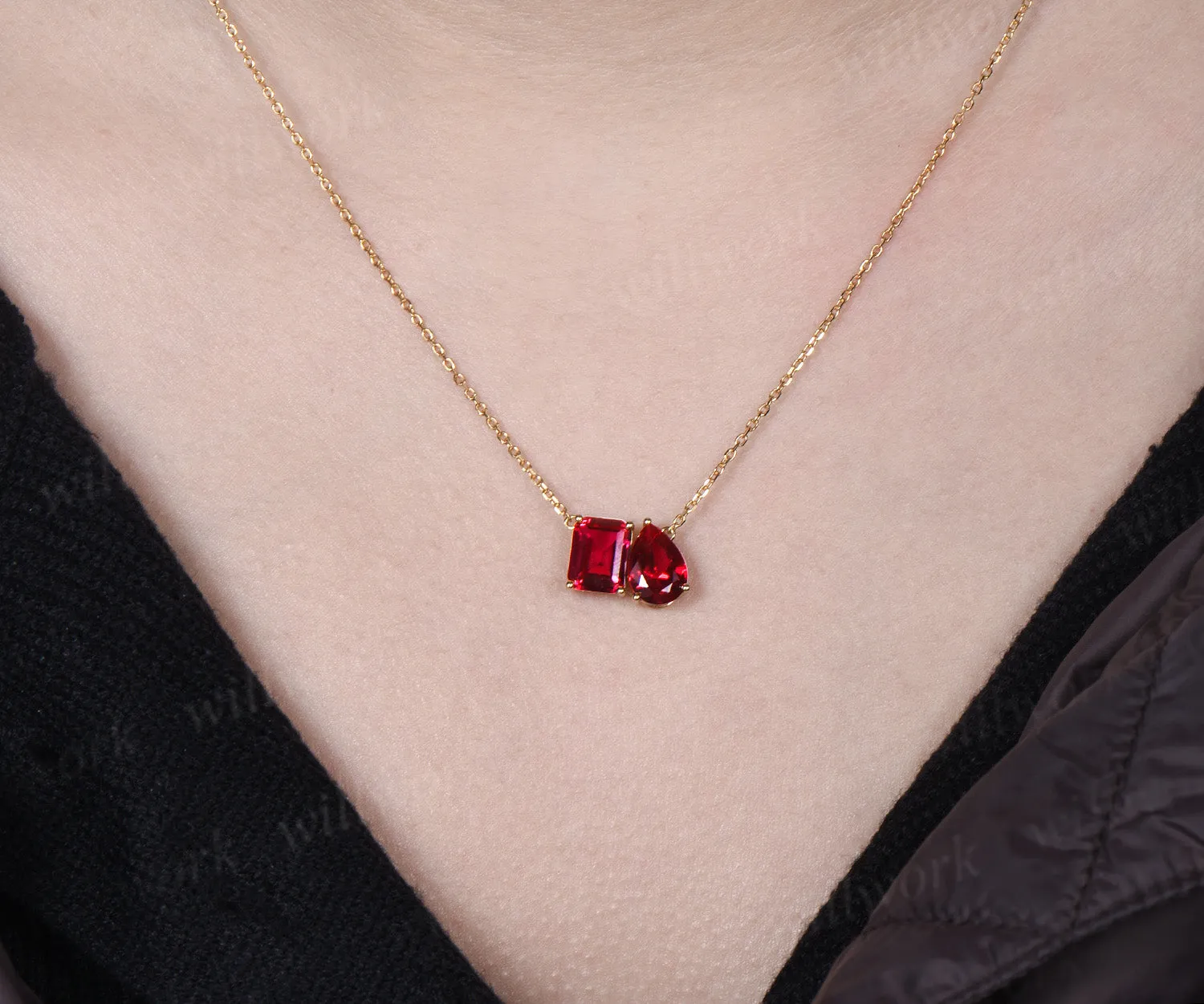 Toi Et Moi Emerald & Pear Cut Ruby Pendant Necklace Classis Two Stones Necklace July Birthstone Jewelry for BFF Couple sold by Willwork Jewelry product image thumbnail 2