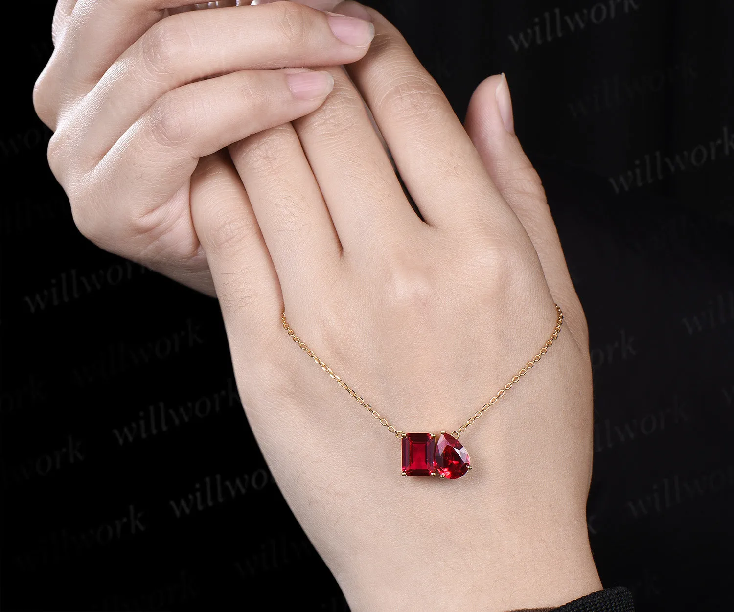 Toi Et Moi Emerald & Pear Cut Ruby Pendant Necklace Classis Two Stones Necklace July Birthstone Jewelry for BFF Couple sold by Willwork Jewelry product image thumbnail 5