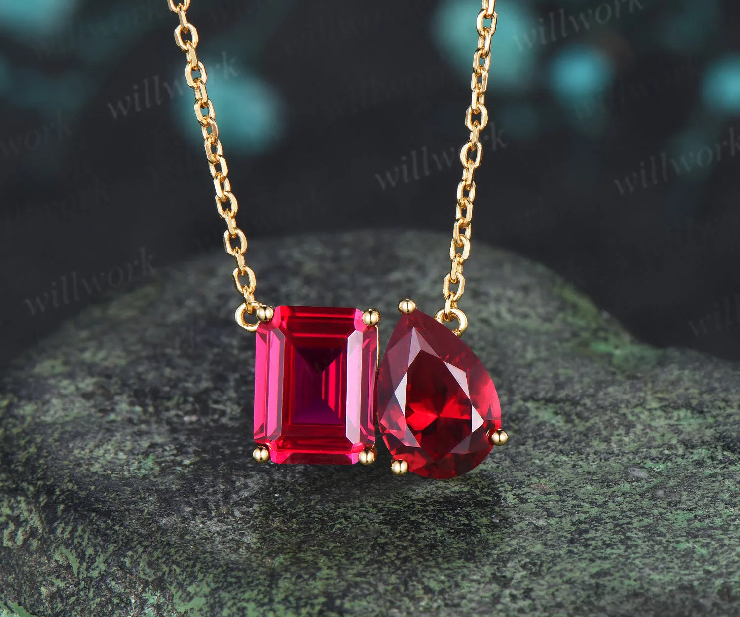 Toi Et Moi Emerald & Pear Cut Ruby Pendant Necklace Classis Two Stones Necklace July Birthstone Jewelry for BFF Couple sold by Willwork Jewelry