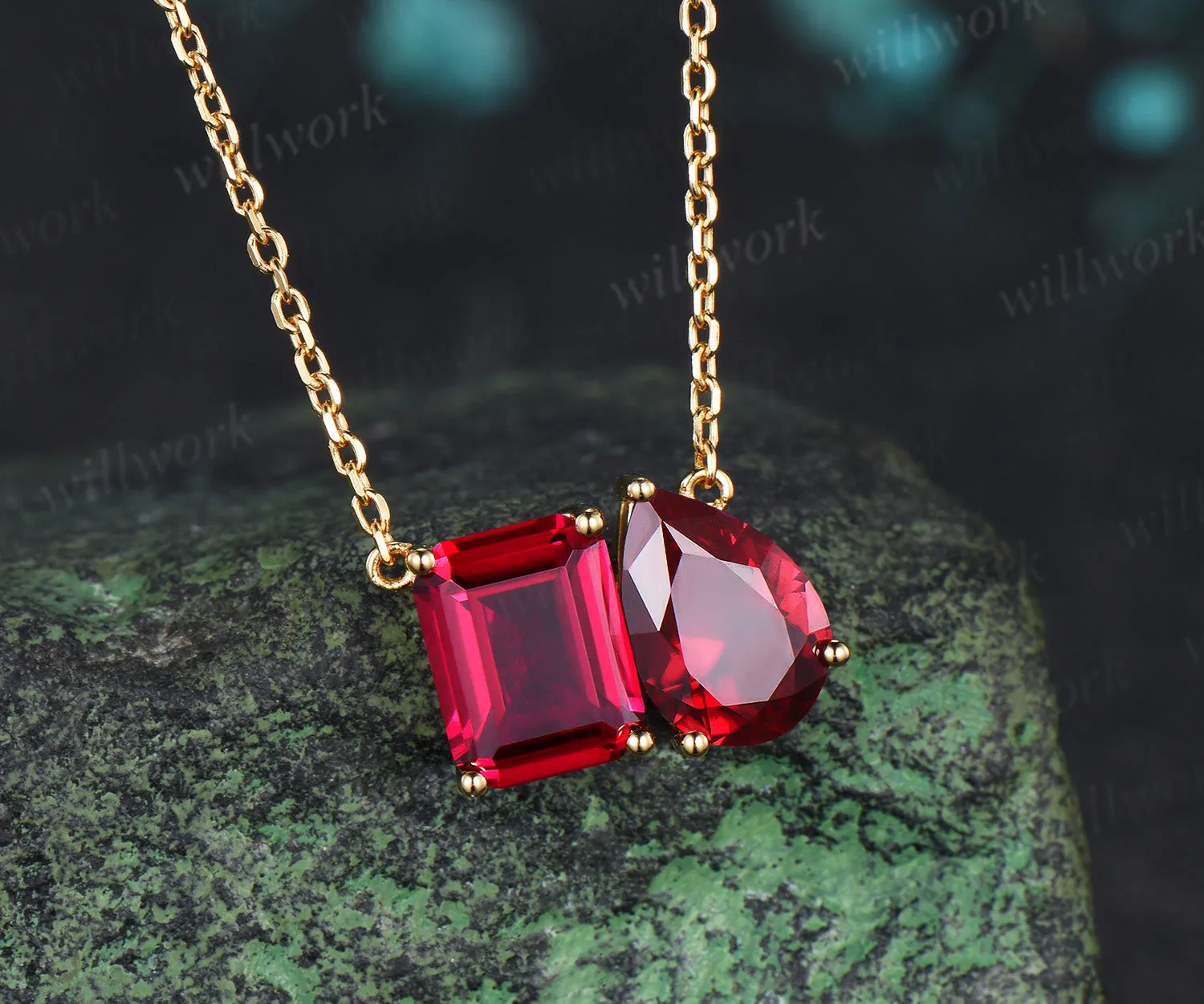 Toi Et Moi Emerald & Pear Cut Ruby Pendant Necklace Classis Two Stones Necklace July Birthstone Jewelry for BFF Couple sold by Willwork Jewelry product image thumbnail 3