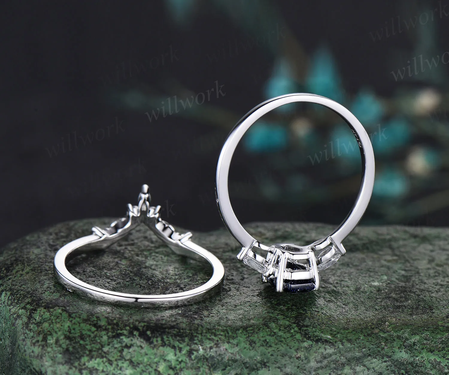 Coffin cut blue sandstone ring set three stones ring marquise moissanite promise ring curved crown wedding band gothic bridal set sold by Willwork Jewelry product image thumbnail 5