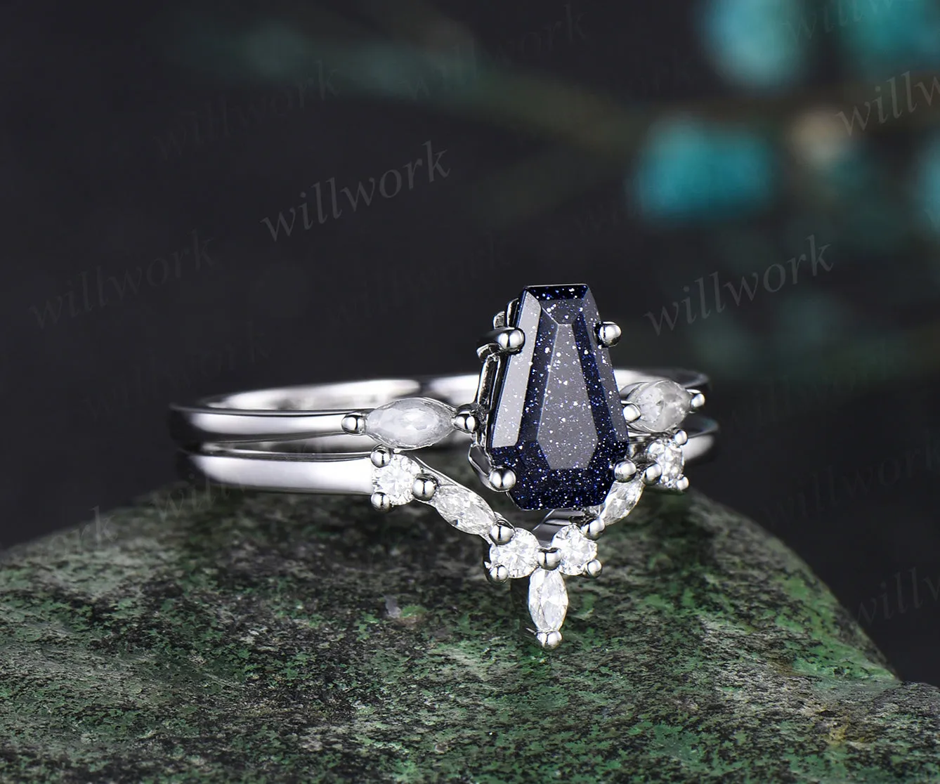 Coffin cut blue sandstone ring set three stones ring marquise moissanite promise ring curved crown wedding band gothic bridal set sold by Willwork Jewelry product image thumbnail 2