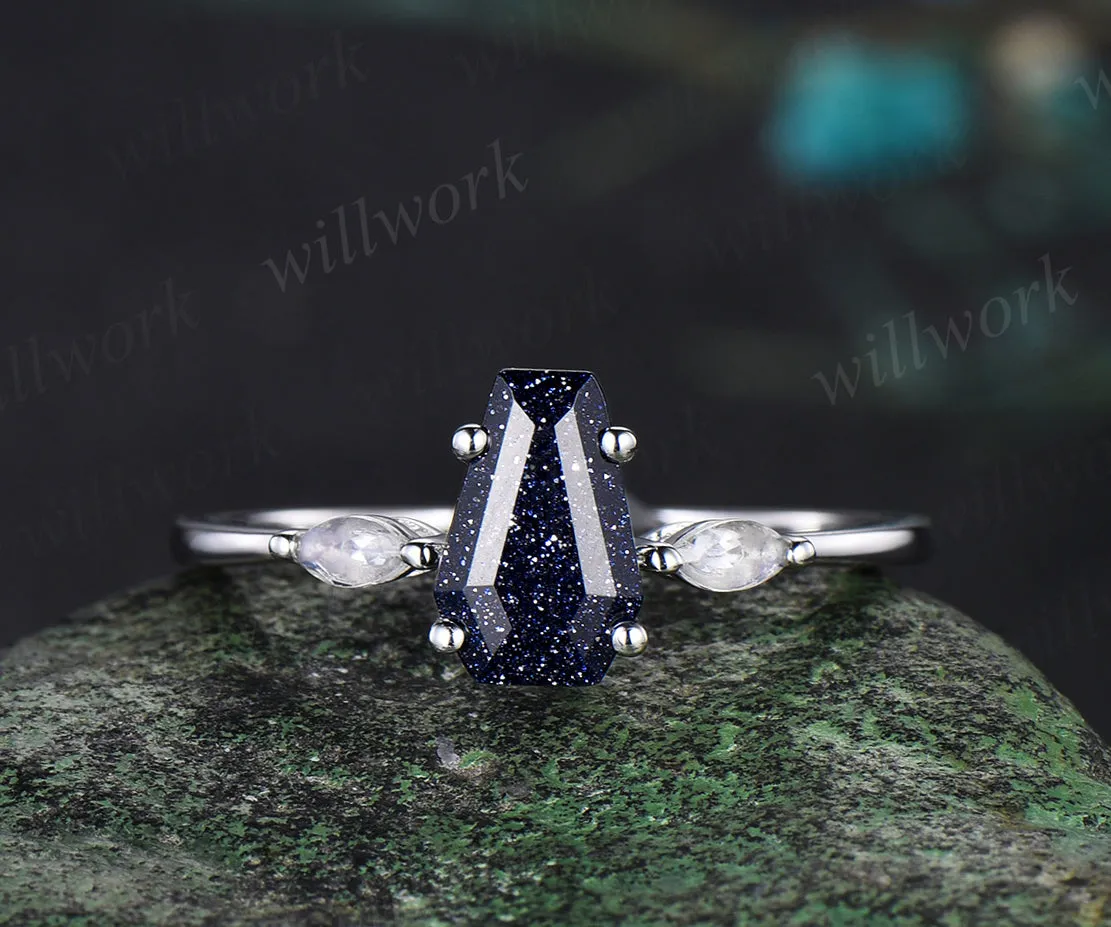 Coffin cut blue sandstone ring set three stones ring marquise moissanite promise ring curved crown wedding band gothic bridal set sold by Willwork Jewelry product image thumbnail 3