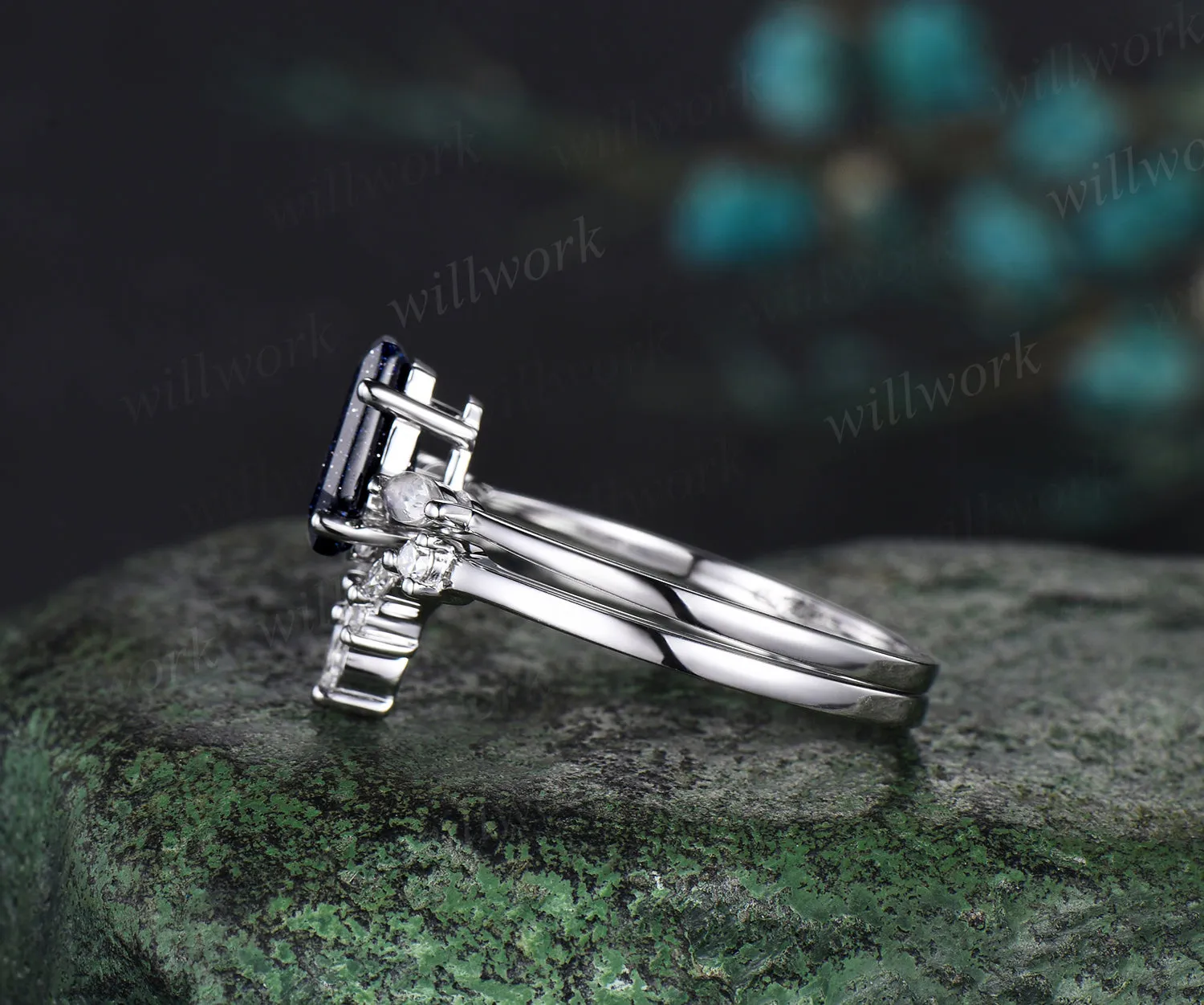 Coffin cut blue sandstone ring set three stones ring marquise moissanite promise ring curved crown wedding band gothic bridal set sold by Willwork Jewelry product image thumbnail 4