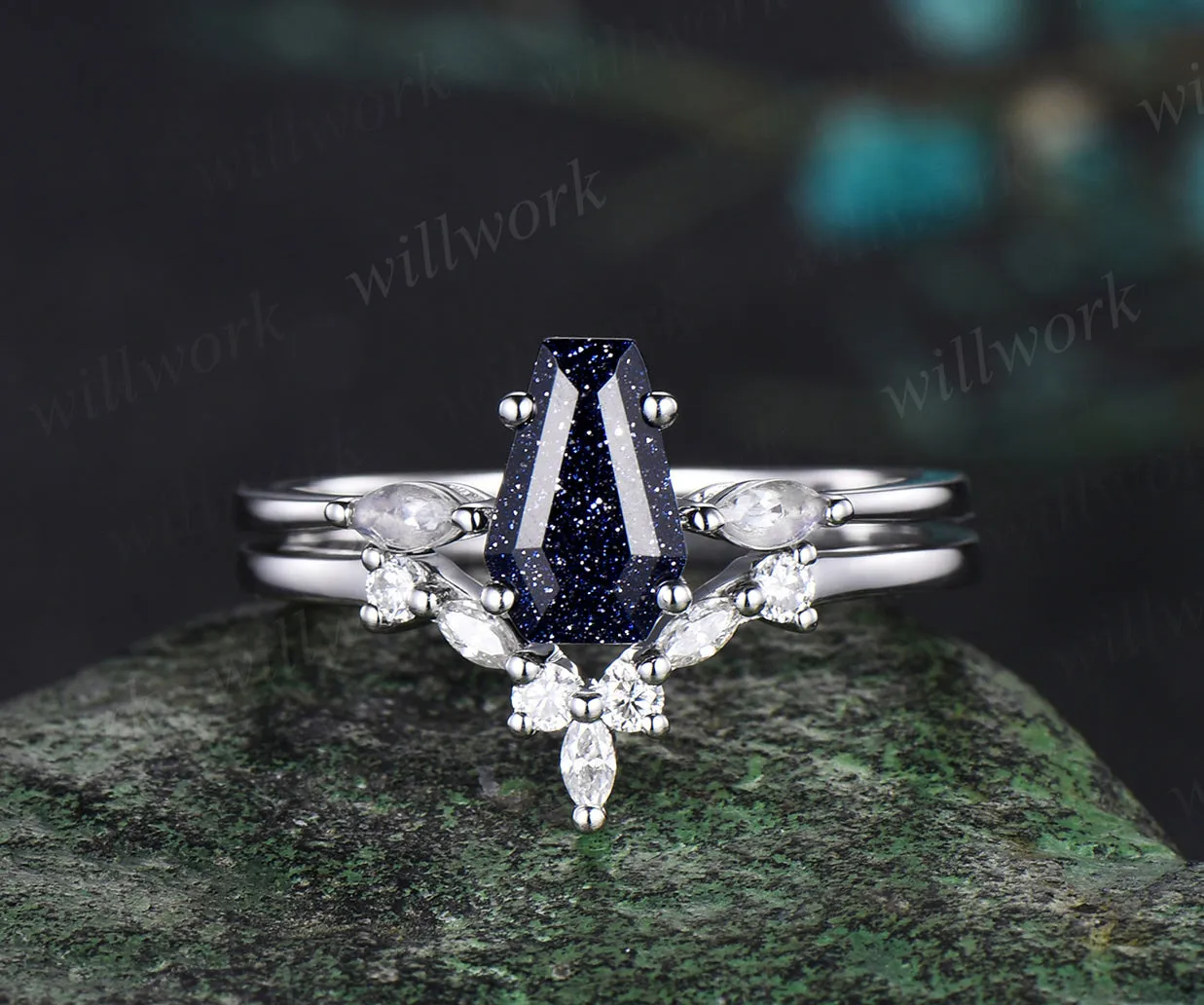 Coffin cut blue sandstone ring set three stones ring marquise moissanite promise ring curved crown wedding band gothic bridal set sold by Willwork Jewelry