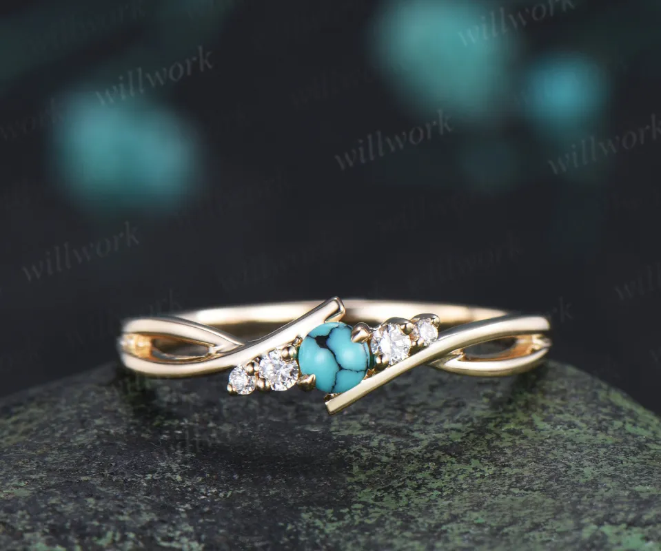 Dainty round turquoise wedding ring split shank natural turquoise moissnite minimalist promise ring for women made by Willwork Jewelry