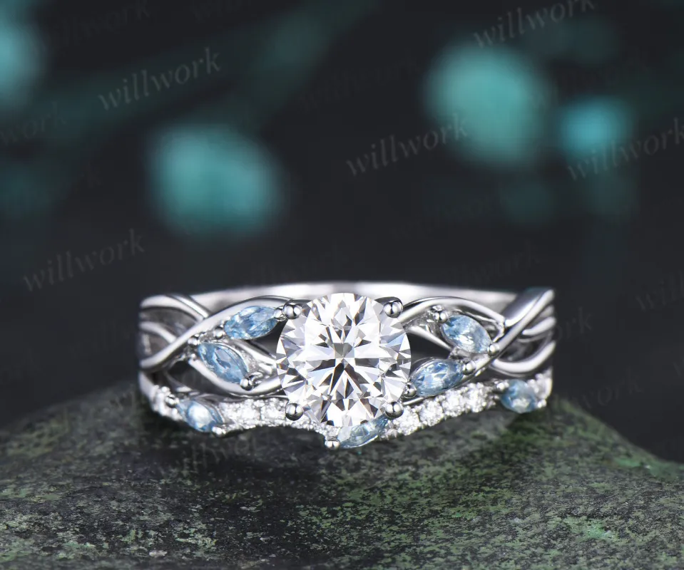 Round lab grown diamond engagement ring marquise aquamarine split shank twisted promise ring wave matching band bridal set made by Willwork Jewelry