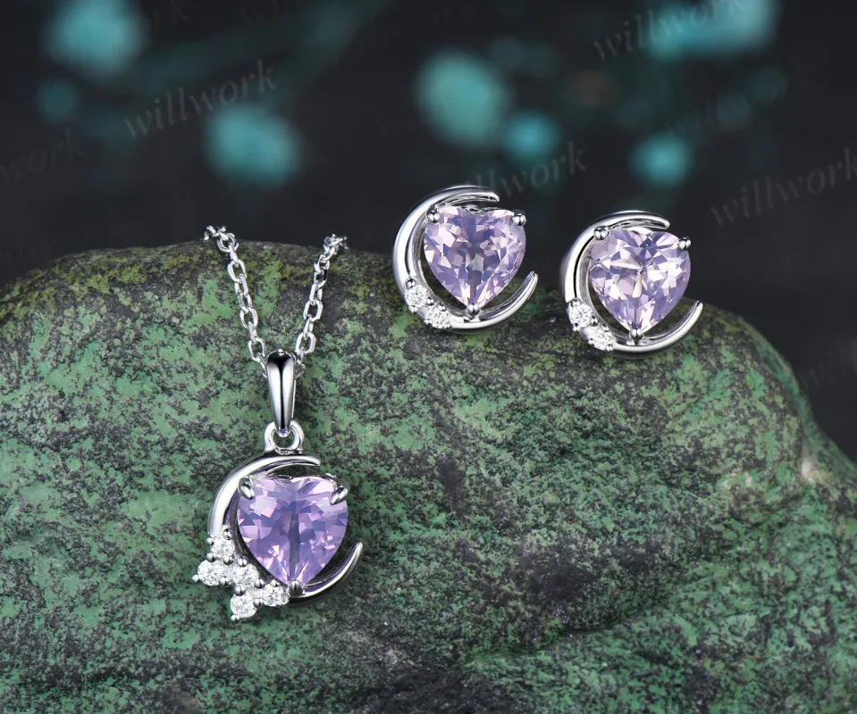 Heart shaped natural lavender amethyst moon earrings necklace set moissanite cluster natural crystal jewelry bridal set gift for her made by Willwork Jewelry