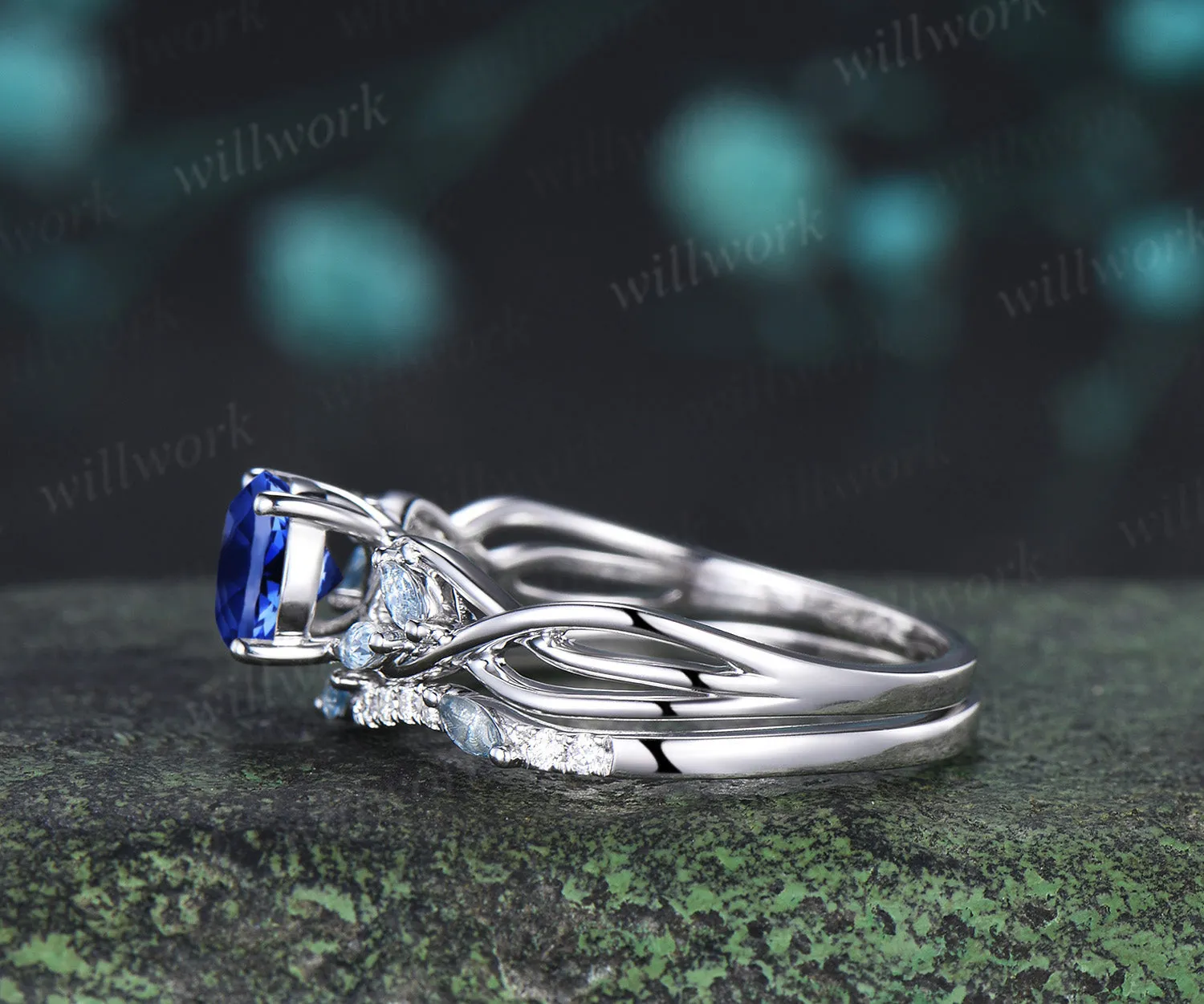 Round Cut Sapphire Engagement Ring Set Twisted Marquise Aquamarine Ring Wave Moissanite Stacking Ring Unique Bridal Set sold by Willwork Jewelry product image thumbnail 5