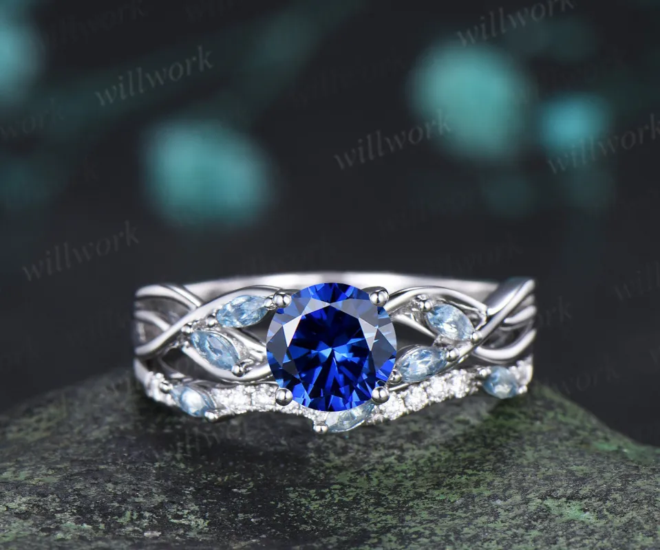 Round Cut Sapphire Engagement Ring Set Twisted Marquise Aquamarine Ring Wave Moissanite Stacking Ring Unique Bridal Set made by Willwork Jewelry