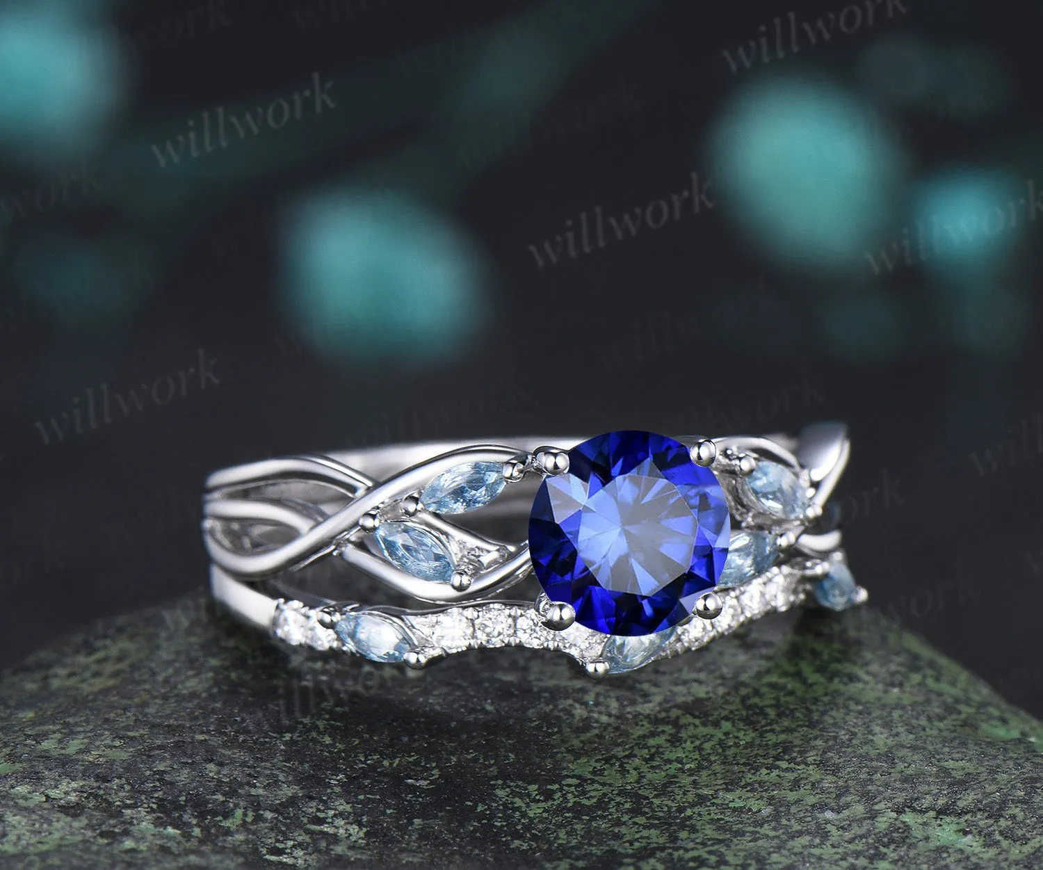 Round Cut Sapphire Engagement Ring Set Twisted Marquise Aquamarine Ring Wave Moissanite Stacking Ring Unique Bridal Set sold by Willwork Jewelry product image thumbnail 4