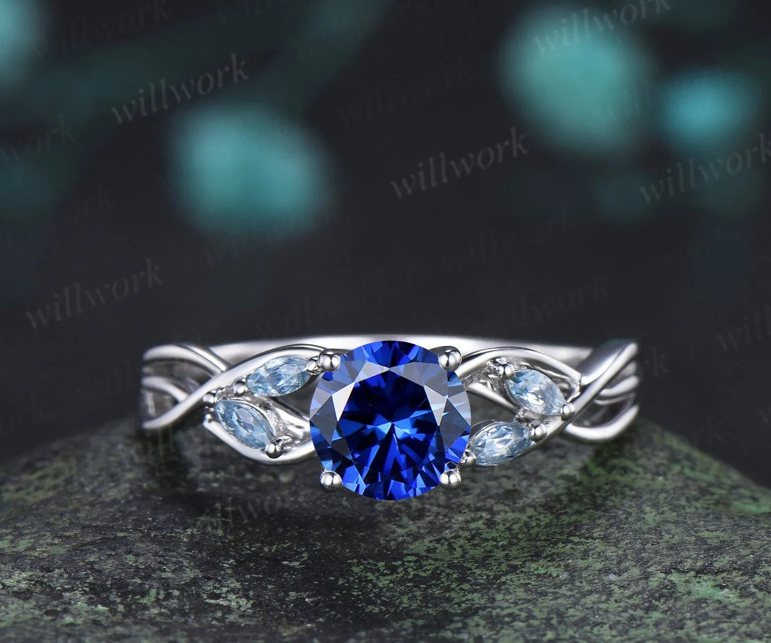 Round Cut Sapphire Engagement Ring Set Twisted Marquise Aquamarine Ring Wave Moissanite Stacking Ring Unique Bridal Set sold by Willwork Jewelry product image thumbnail 2