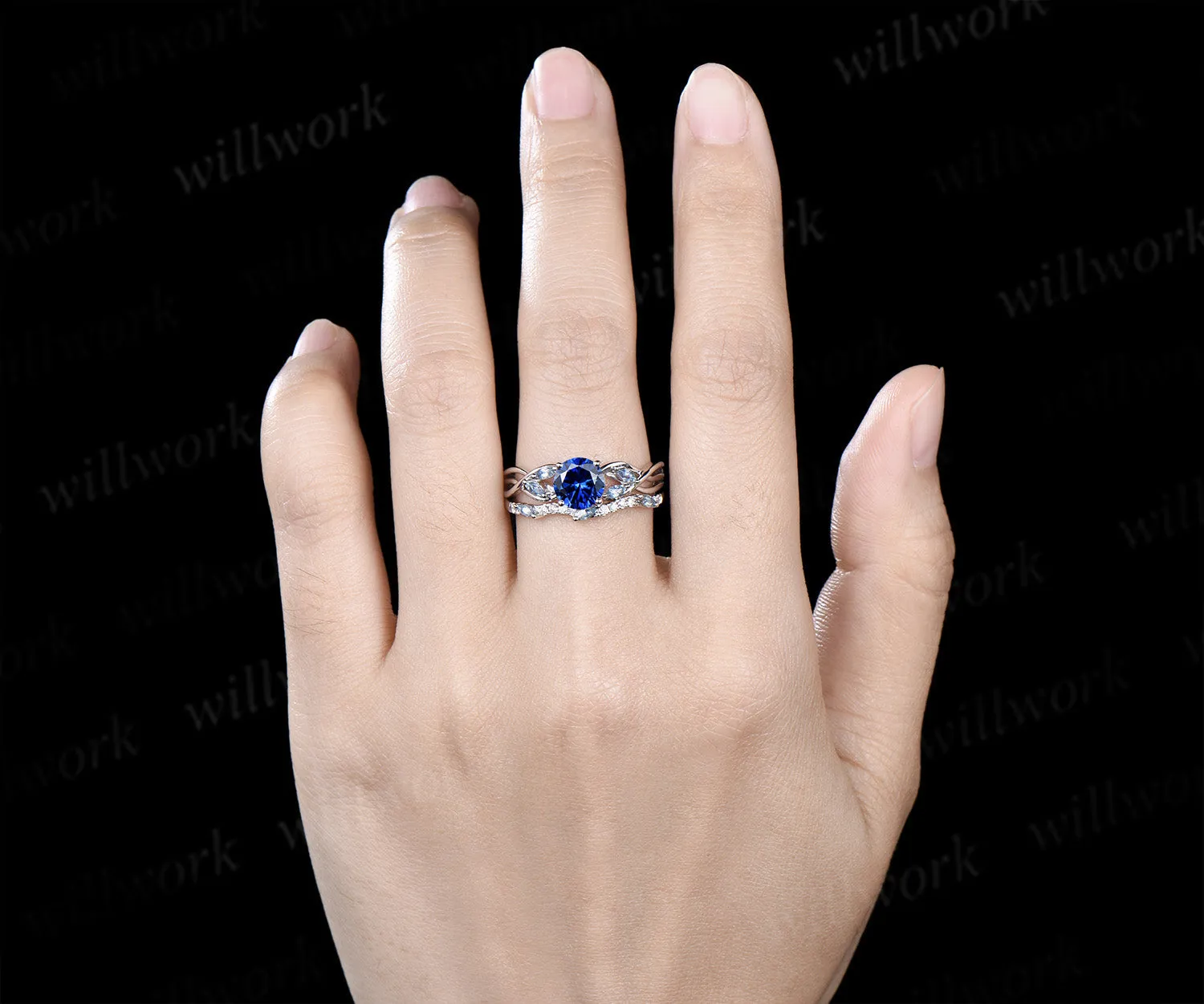 Round Cut Sapphire Engagement Ring Set Twisted Marquise Aquamarine Ring Wave Moissanite Stacking Ring Unique Bridal Set sold by Willwork Jewelry product image thumbnail 3