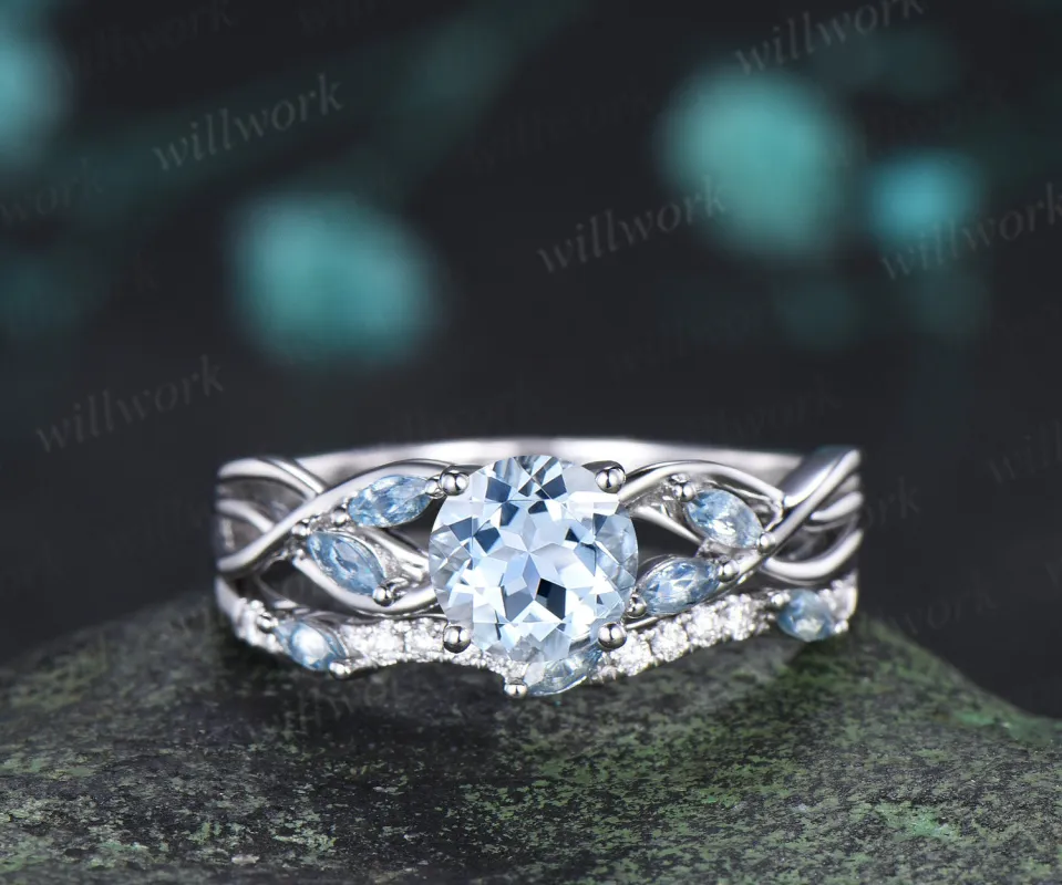 1CT round aquamarine ring set marquise aquamarine twisted engagement ring moissanite matching band March birthstone jewelry made by Willwork Jewelry