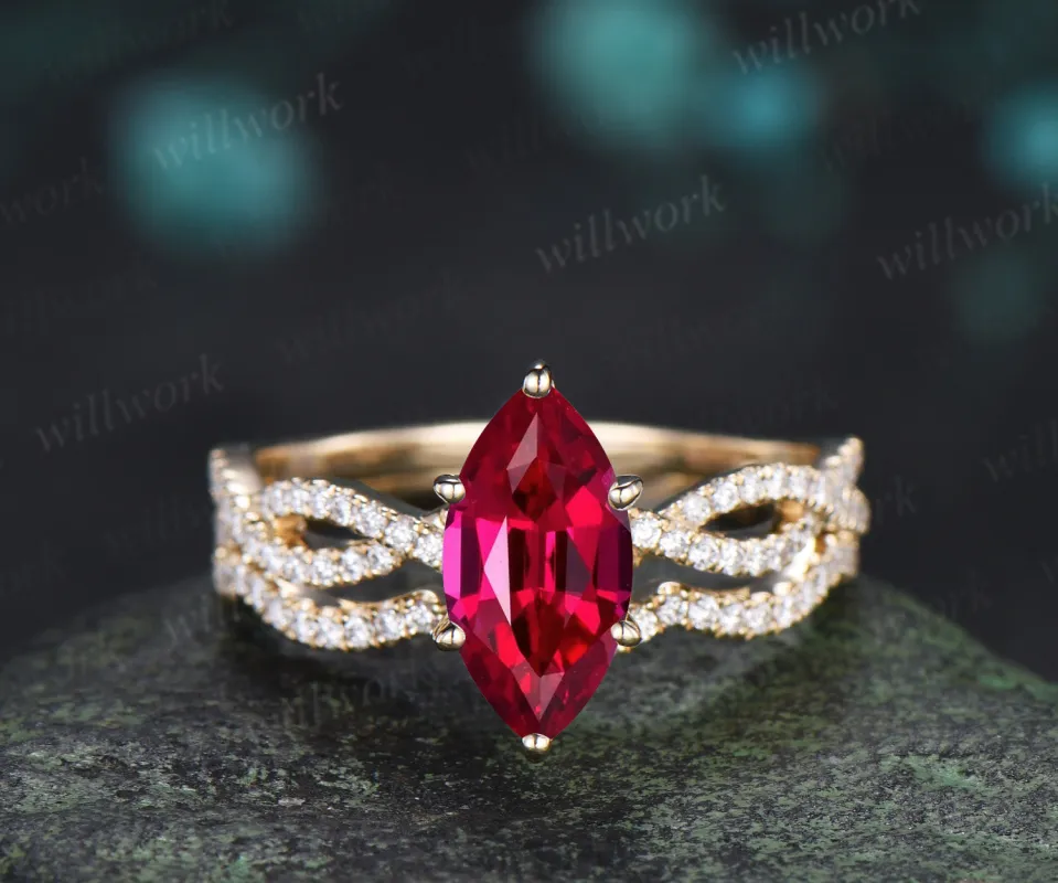 Marquise ruby engagement ring set infinity twisted diamond half eternity ring wave wedding band July birthstone gifts made by Willwork Jewelry