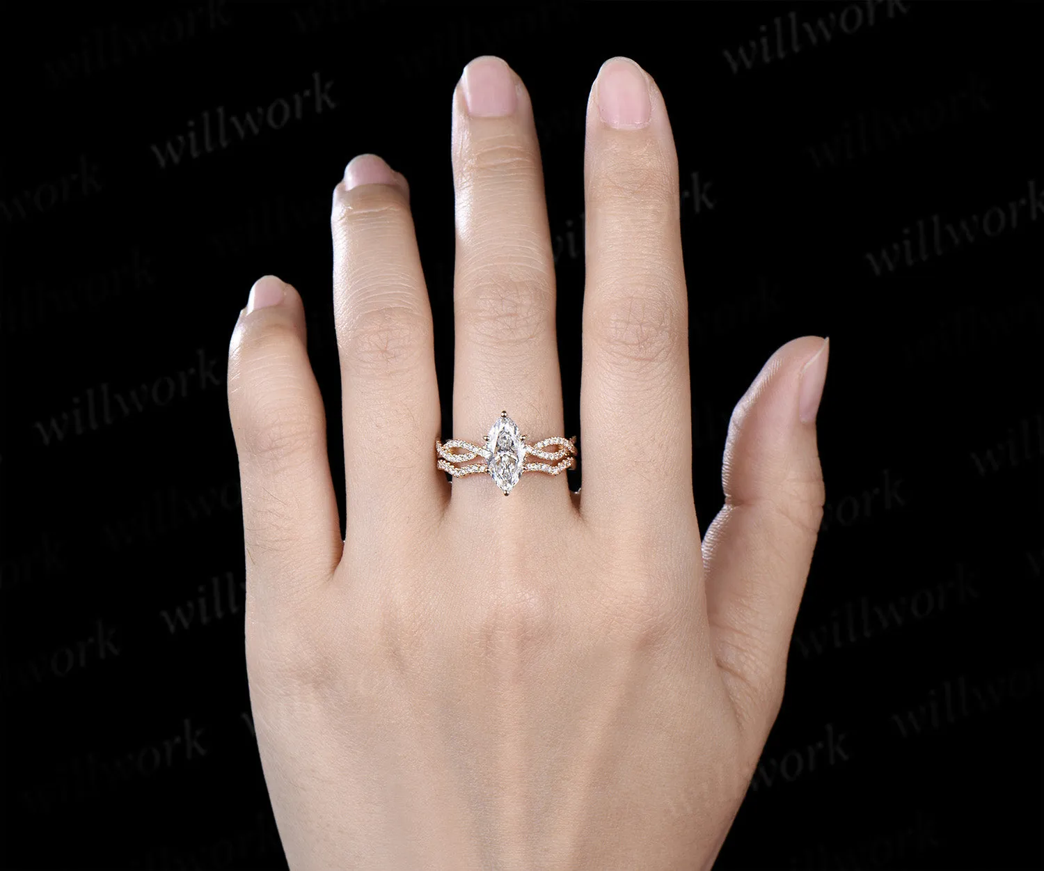 Marquise Lab Grown Diamond Engagement Ring Set Twisted Infinity Band Diamond Promise Ring Wave Wedding Ring Bridal Set sold by Willwork Jewelry product image thumbnail 2