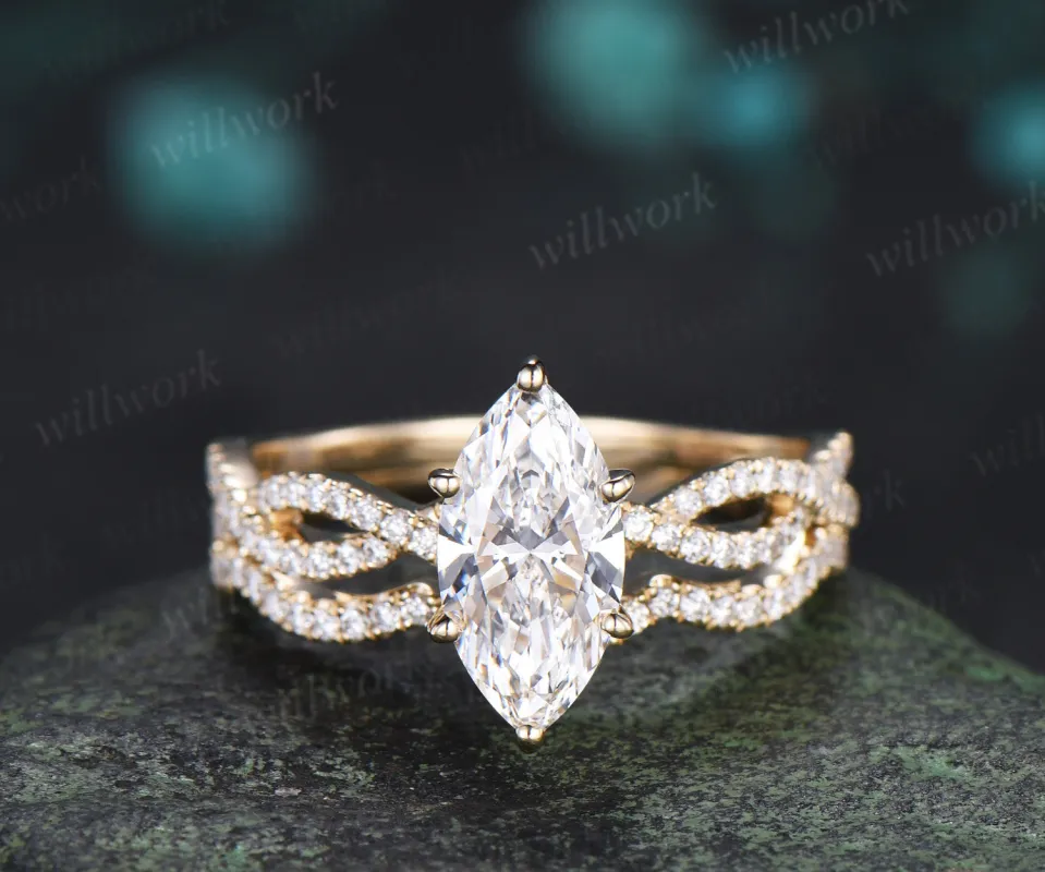 Marquise Lab Grown Diamond Engagement Ring Set Twisted Infinity Band Diamond Promise Ring Wave Wedding Ring Bridal Set made by Willwork Jewelry