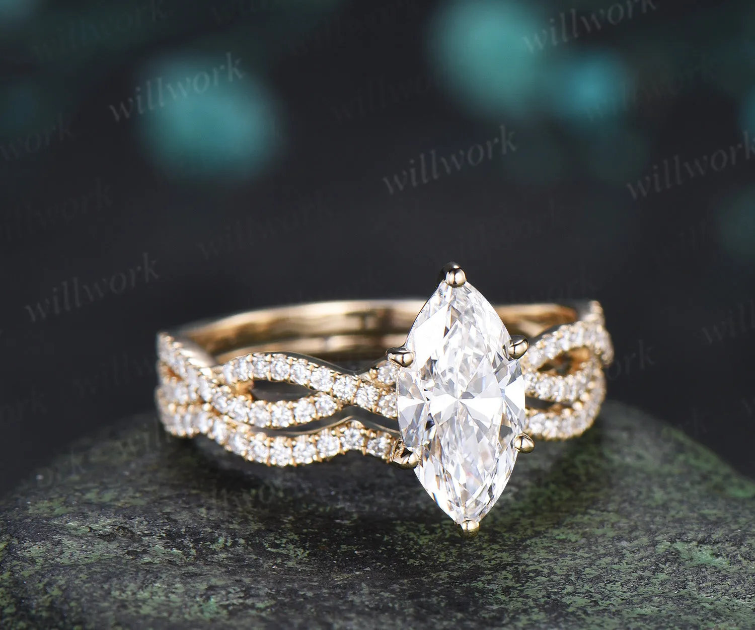 Marquise Lab Grown Diamond Engagement Ring Set Twisted Infinity Band Diamond Promise Ring Wave Wedding Ring Bridal Set sold by Willwork Jewelry product image thumbnail 3