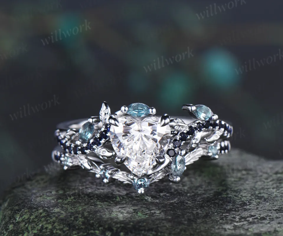 Heart lab-grown diamond engagement ring set twig leaf alexandrite blue sandstone promise ring curved wedding ring unique bridal set made by Willwork Jewelry