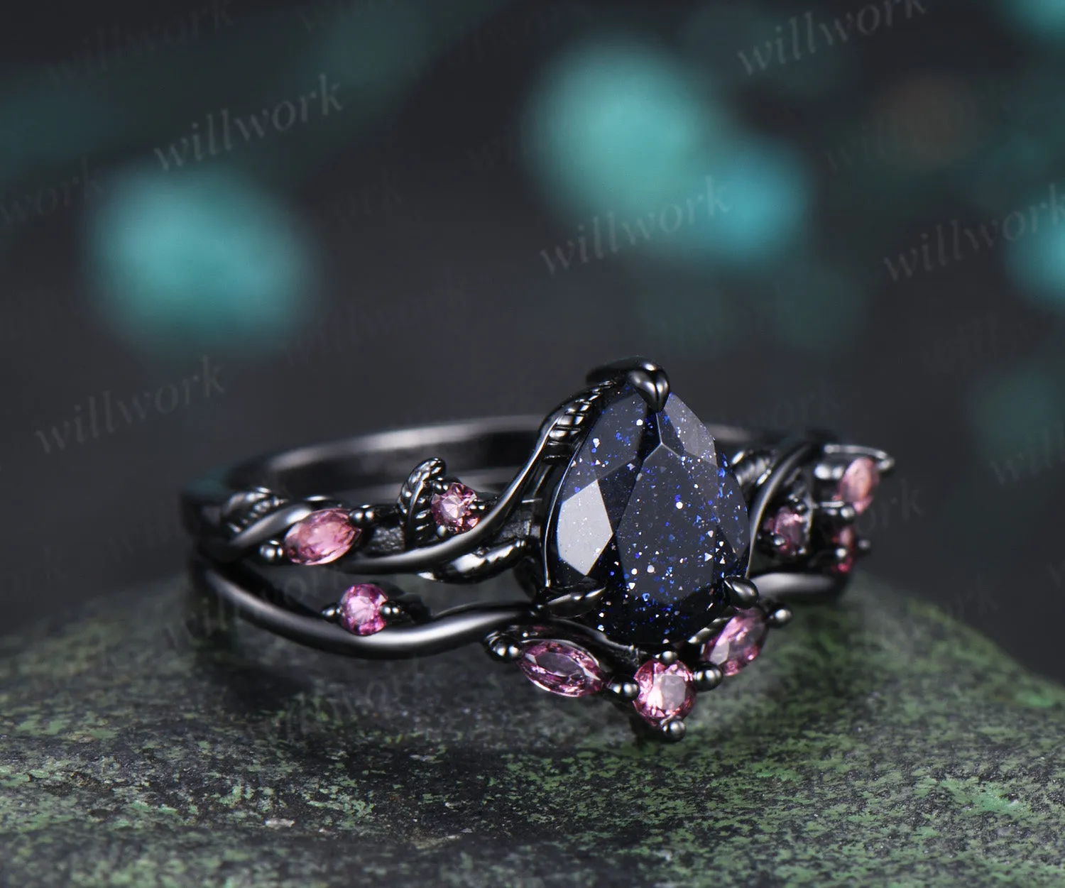 Teardrop blue sandstone ring set black gold leaf vine engagement ring with pink tourmaline accents galaxy gemstone bridal set sold by Willwork Jewelry product image thumbnail 5