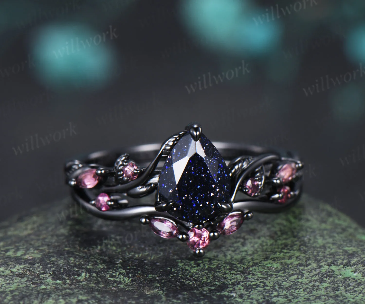 Teardrop blue sandstone ring set black gold leaf vine engagement ring with pink tourmaline accents galaxy gemstone bridal set sold by Willwork Jewelry