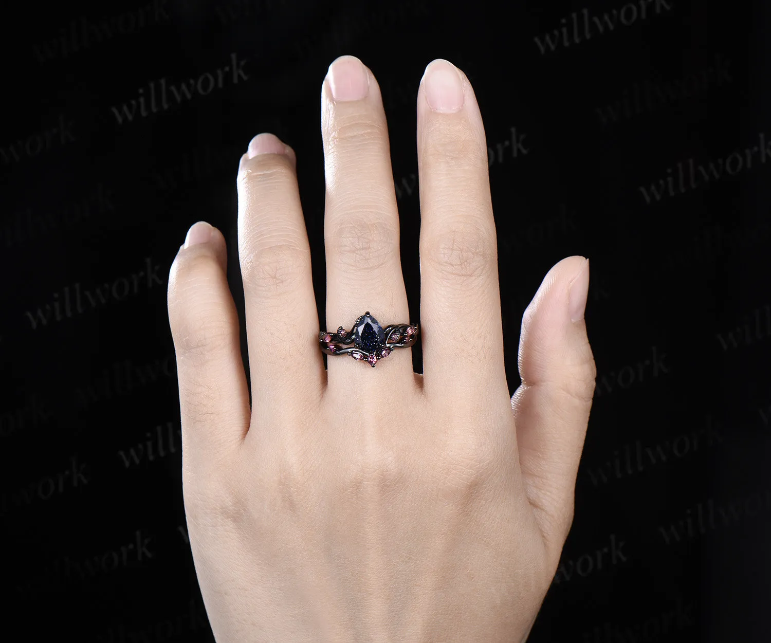 Teardrop blue sandstone ring set black gold leaf vine engagement ring with pink tourmaline accents galaxy gemstone bridal set sold by Willwork Jewelry product image thumbnail 2