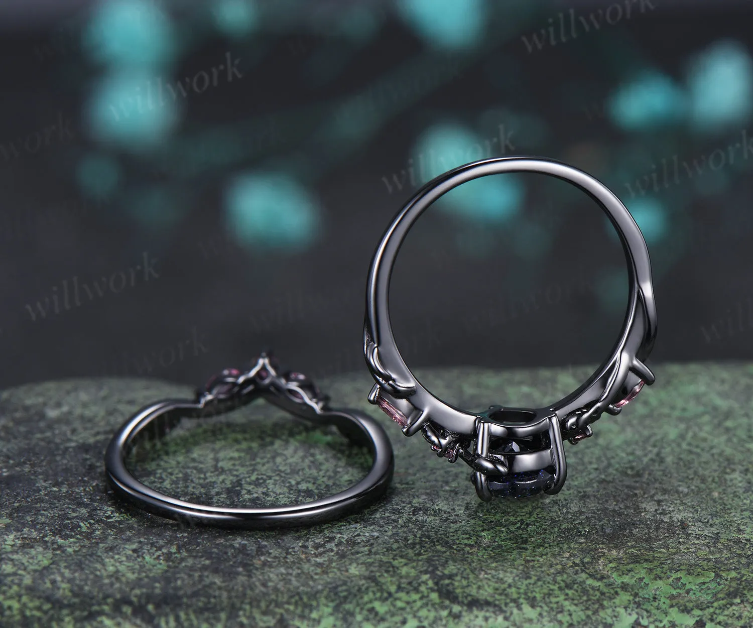 Teardrop blue sandstone ring set black gold leaf vine engagement ring with pink tourmaline accents galaxy gemstone bridal set sold by Willwork Jewelry product image thumbnail 3