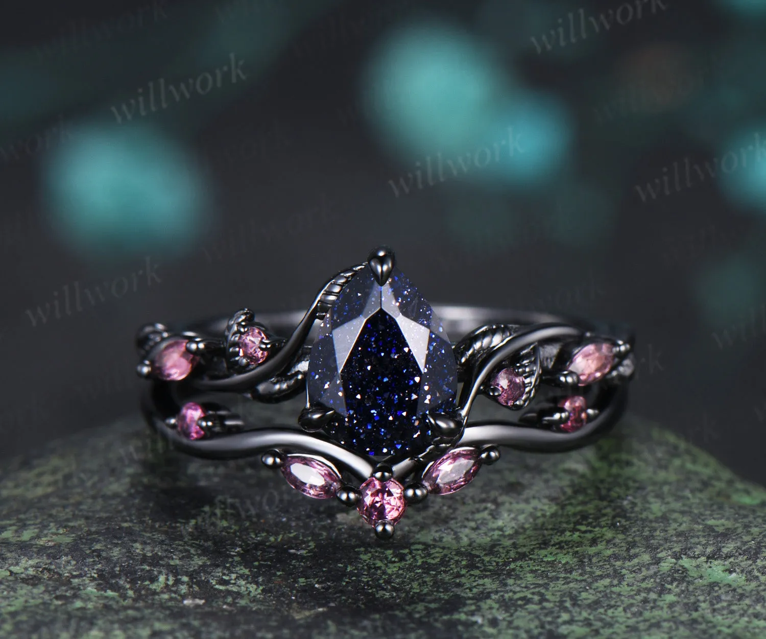 Teardrop blue sandstone ring set black gold leaf vine engagement ring with pink tourmaline accents galaxy gemstone bridal set sold by Willwork Jewelry product image thumbnail 4
