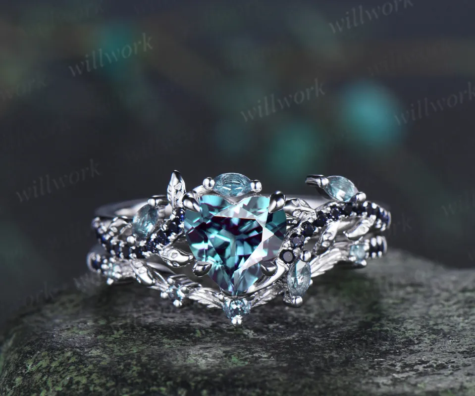 Heart shaped alexandrite ring set leaf vine marquise alexanadrite promise ring blue sandstone wedding band nature inspired bridal set made by Willwork Jewelry