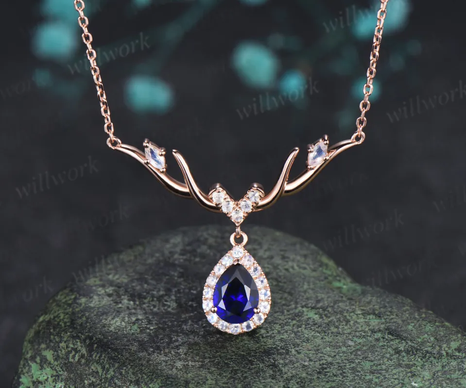 Pear cut sapphire moonstone halo necklace deer antler necklace nature inspired fairy pendant necklace gifts for her made by Willwork Jewelry