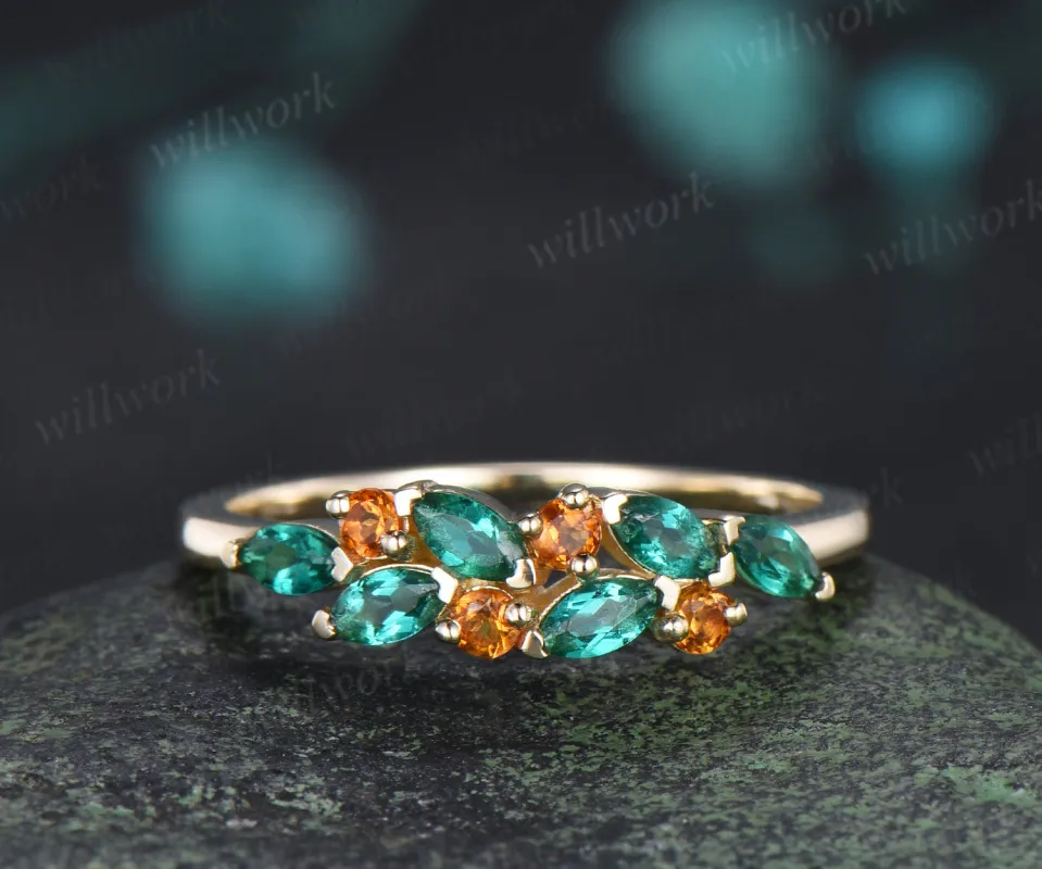 Marquise emerald citrine cluster vintage stacking band May birthstone wedding ring anniversary gfits made by Willwork Jewelry