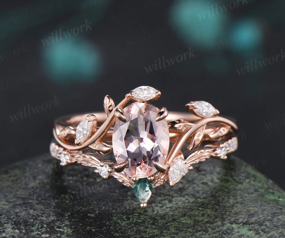 Vintage oval cut morganite engagement ring leaf inspired ring curved moss agate moissanite ring unique bridal set made by Willwork Jewelry