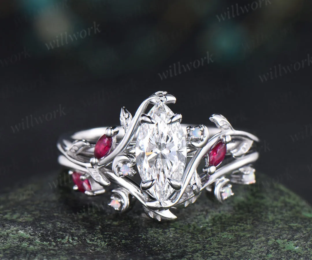 Marquise lab grown diamond ring set leaf moon twig ring ruby opal accents nature inspired bridal set sold by Willwork Jewelry
