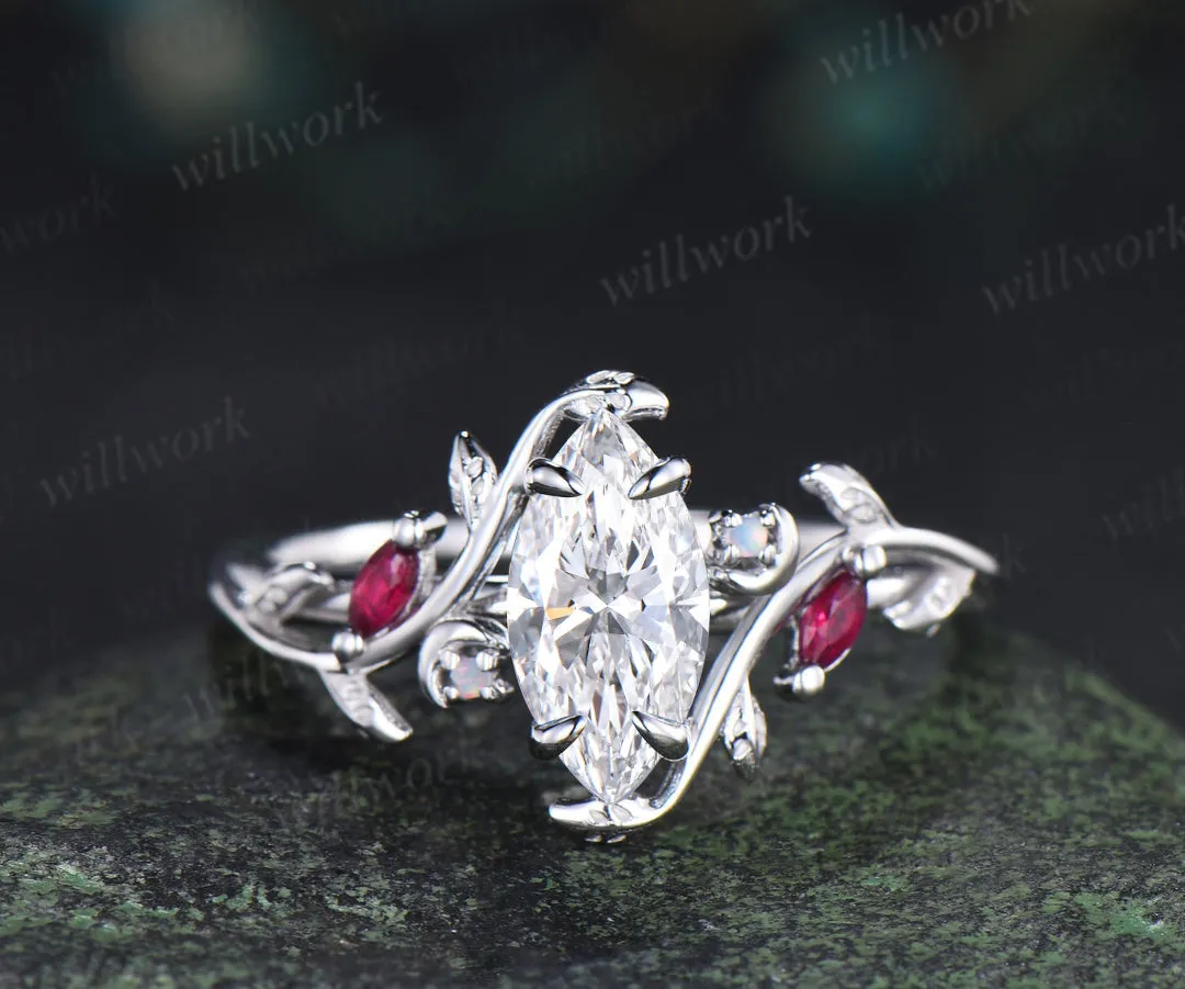 Marquise lab grown diamond ring set leaf moon twig ring ruby opal accents nature inspired bridal set sold by Willwork Jewelry product image thumbnail 4