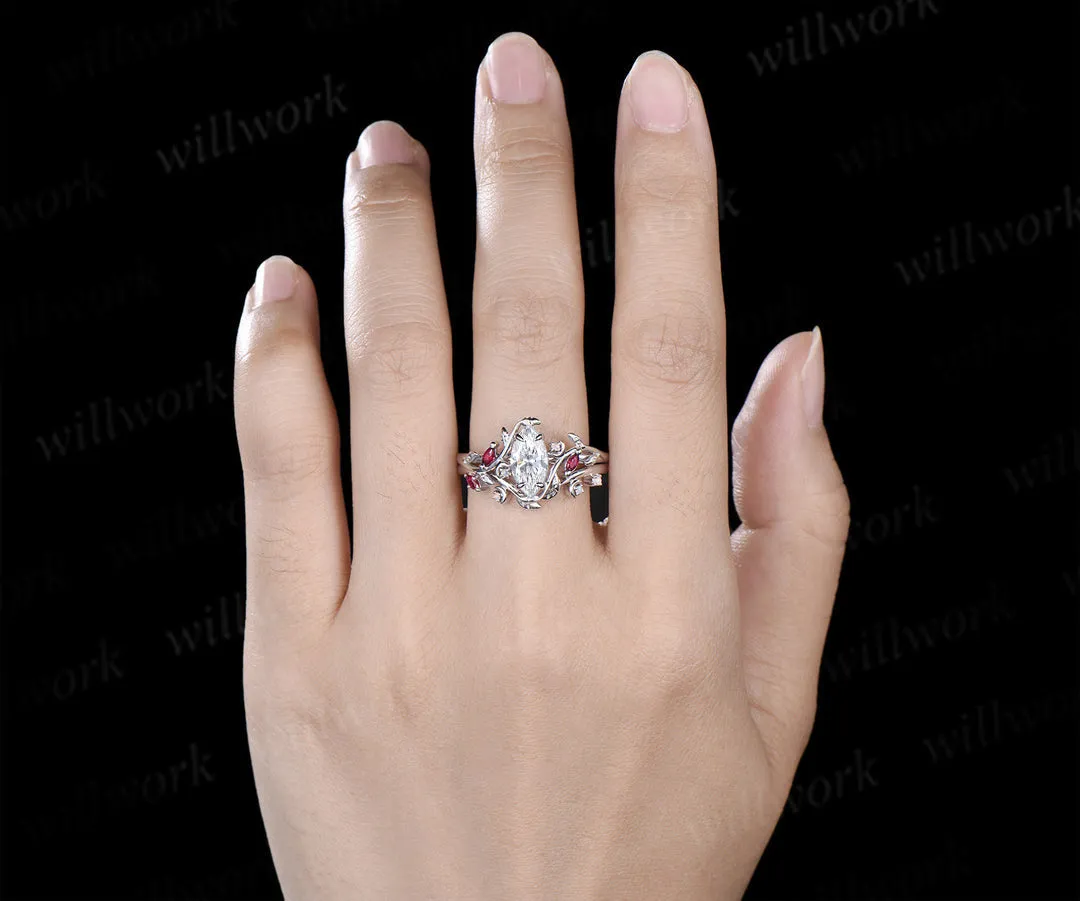 Marquise lab grown diamond ring set leaf moon twig ring ruby opal accents nature inspired bridal set sold by Willwork Jewelry product image thumbnail 2